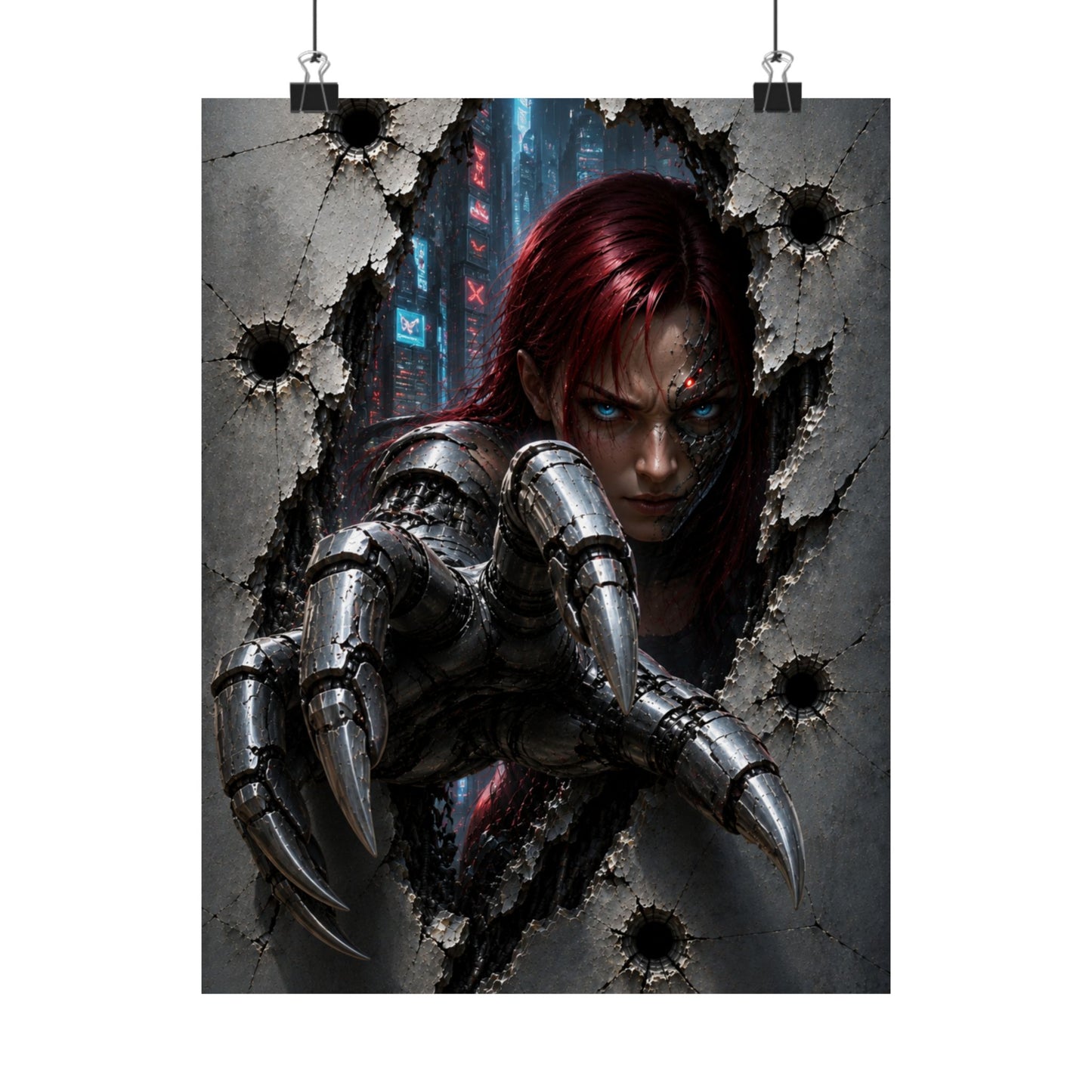 Cyberpunk Assassin Matte Poster — Red-Haired Cyborg Claw Wall Art