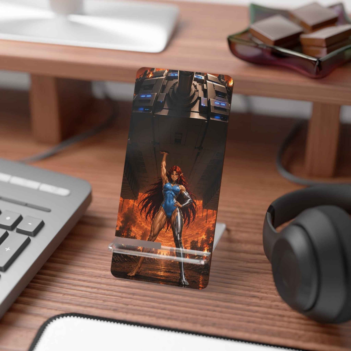 Acrylic Phone Stand – Fiery Superhero Warrior Mobile Display Stand