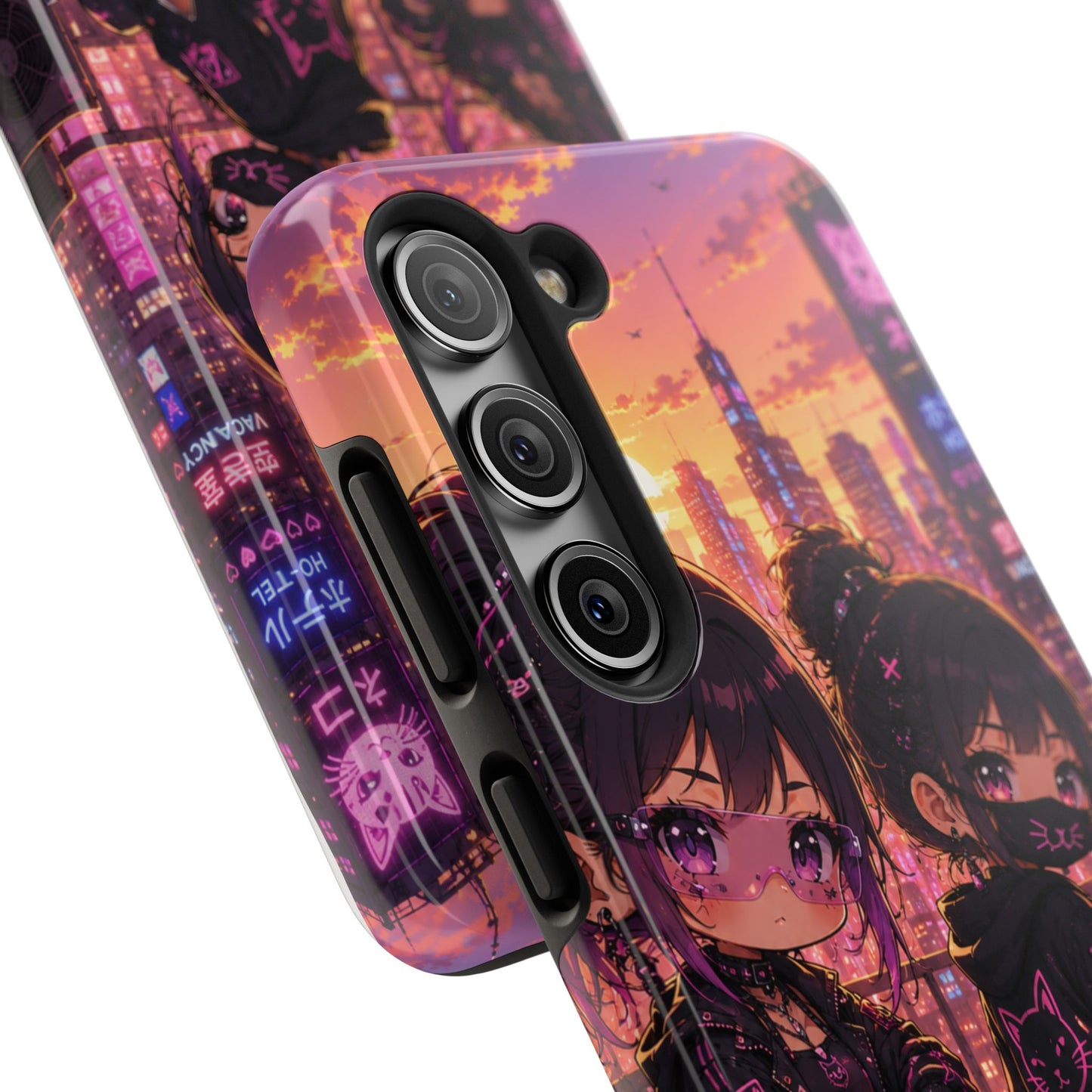 Anime City Night Tough Phone Case — Kawaii Cyberpunk Characters & Cat