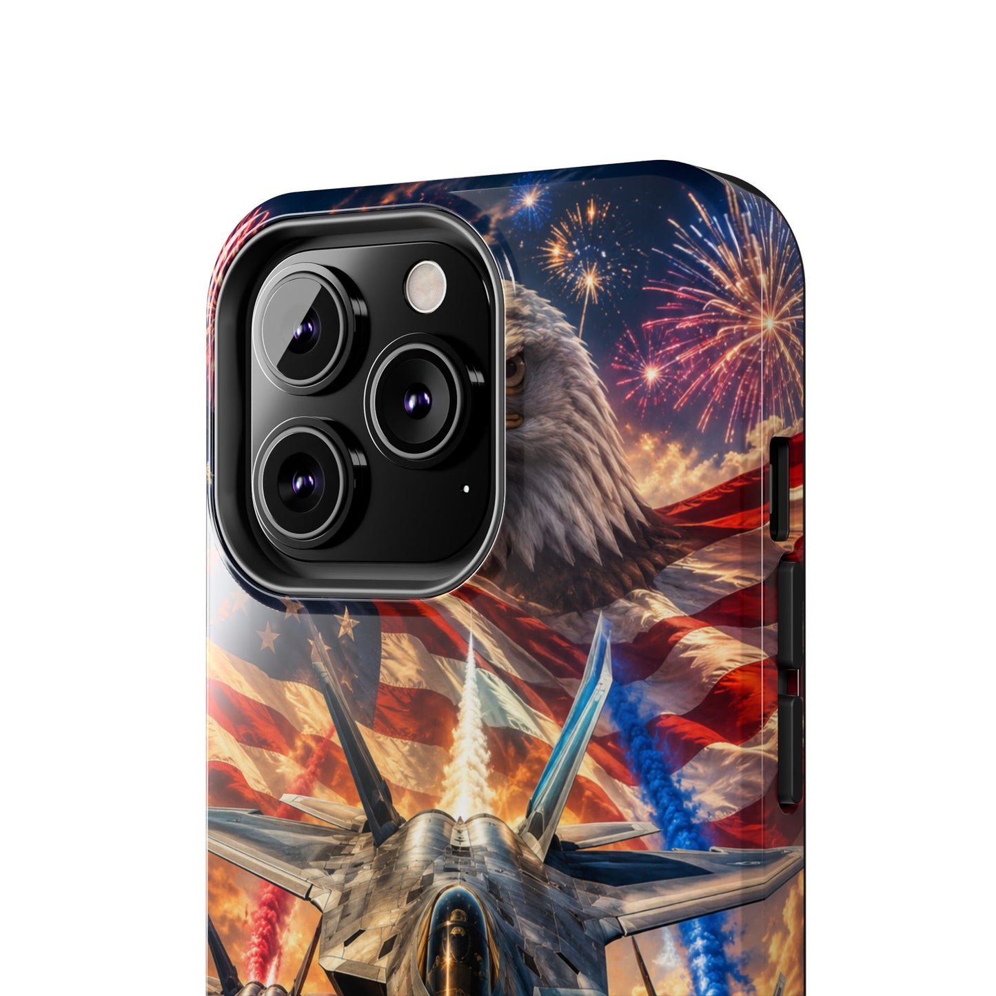 Patriotic Fighter Jet Phone Case with Eagle, American Flag & Fireworks Design