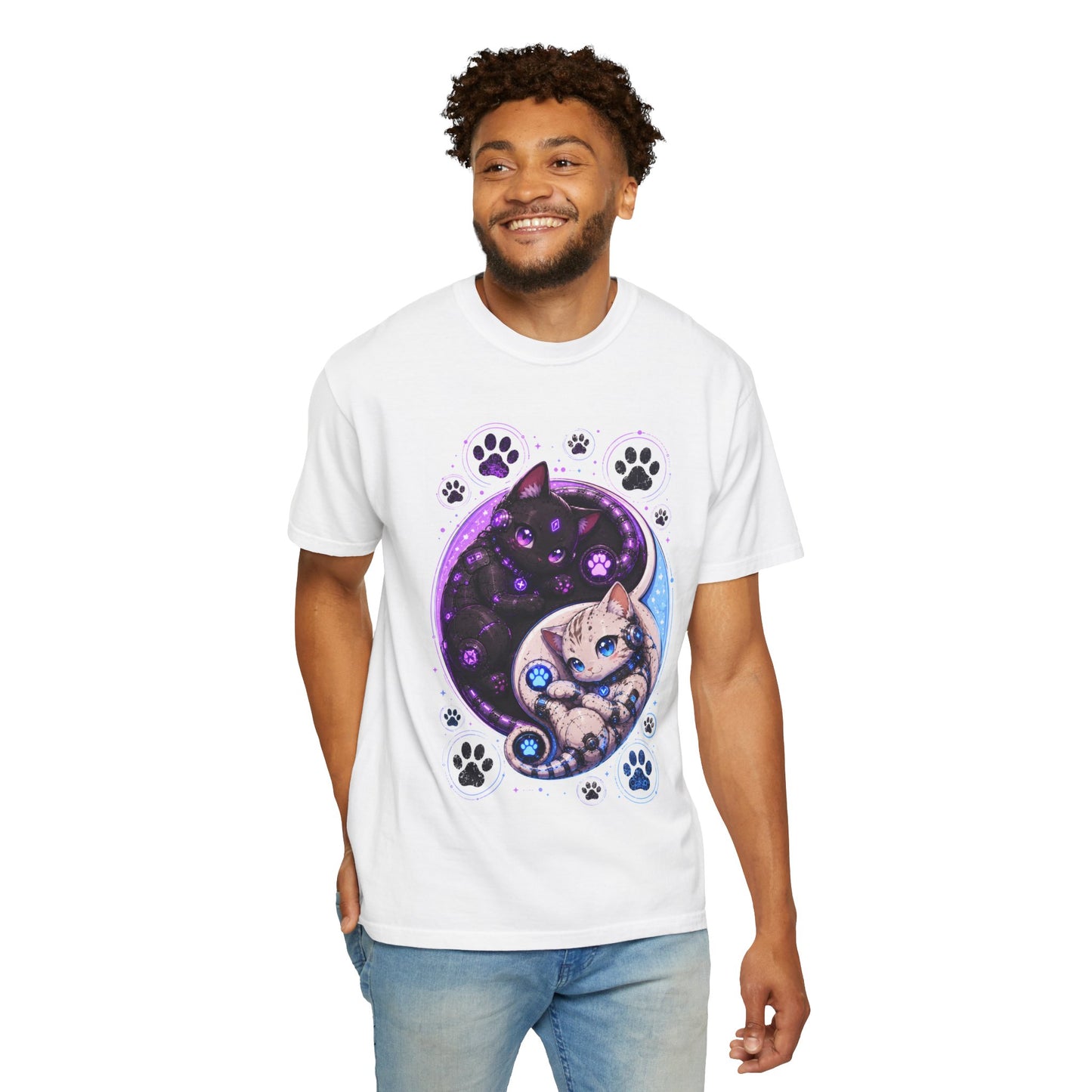 Yin Yang Cat T-Shirt — Cosmic Black & White Kittens Paw Print Tee