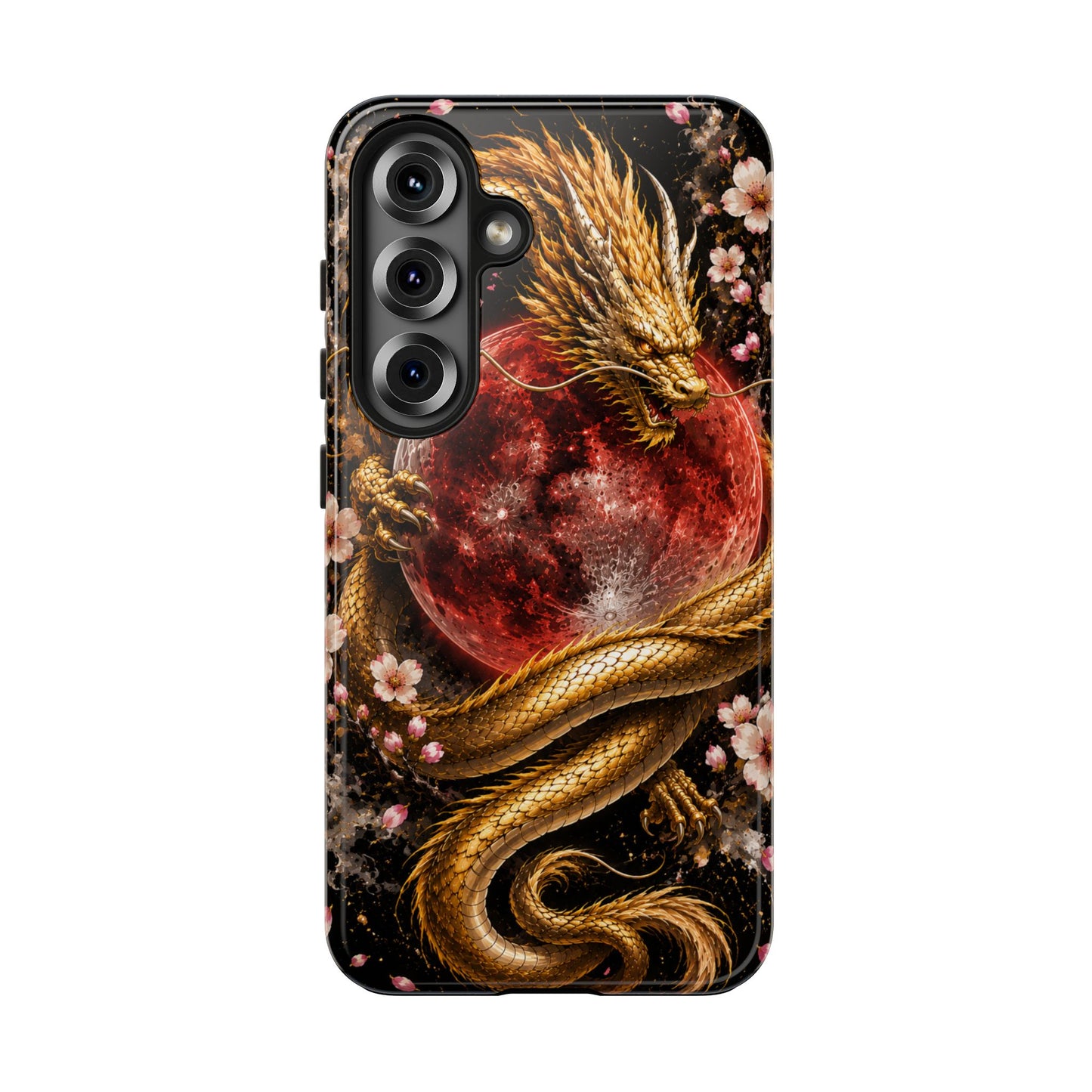 Golden Dragon Moon Tough Phone Case — Cherry Blossoms & Red Moon Protective Cover
