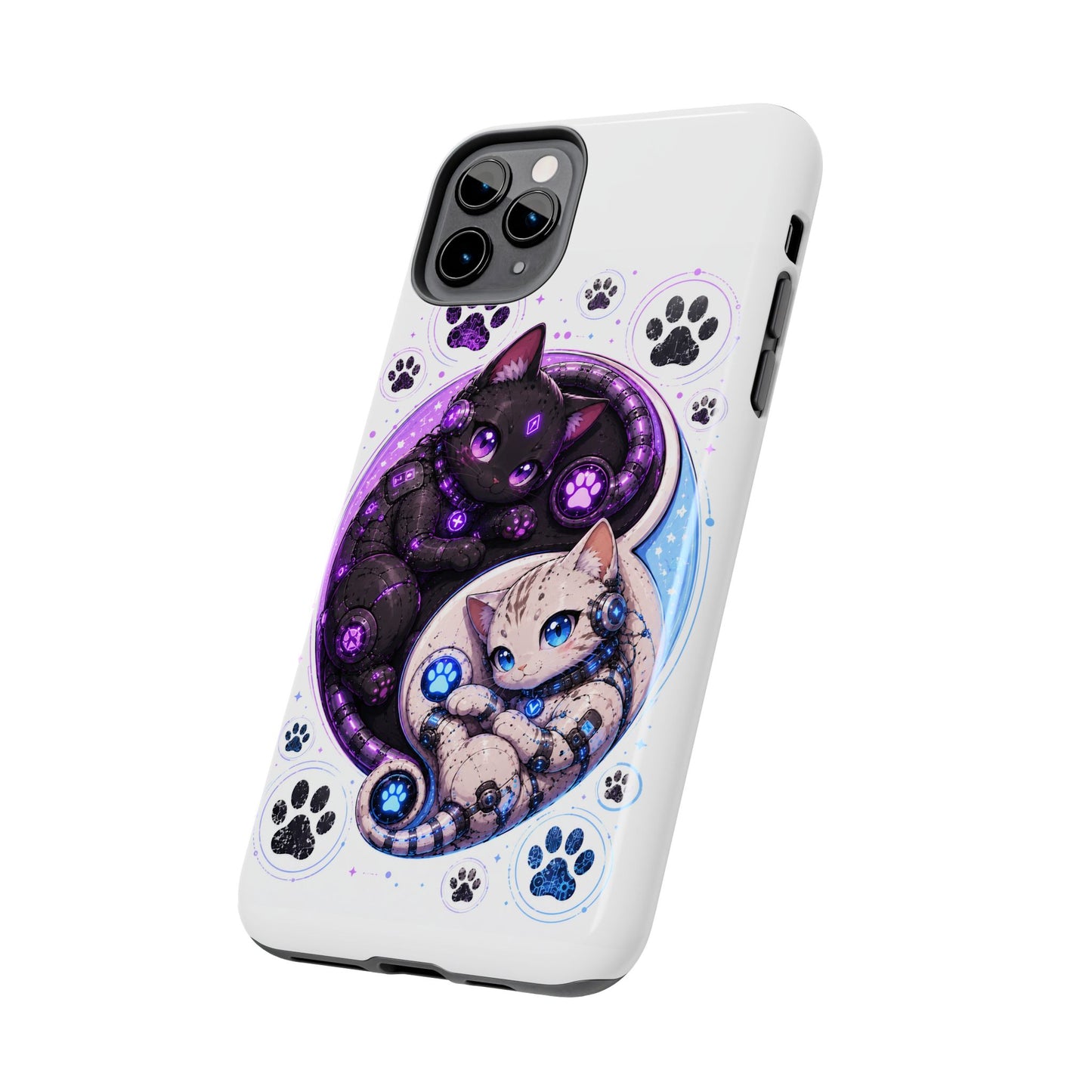 Cat Yin Yang Tough Phone Case — Black & White Kittens, Paw Print Protective Cover