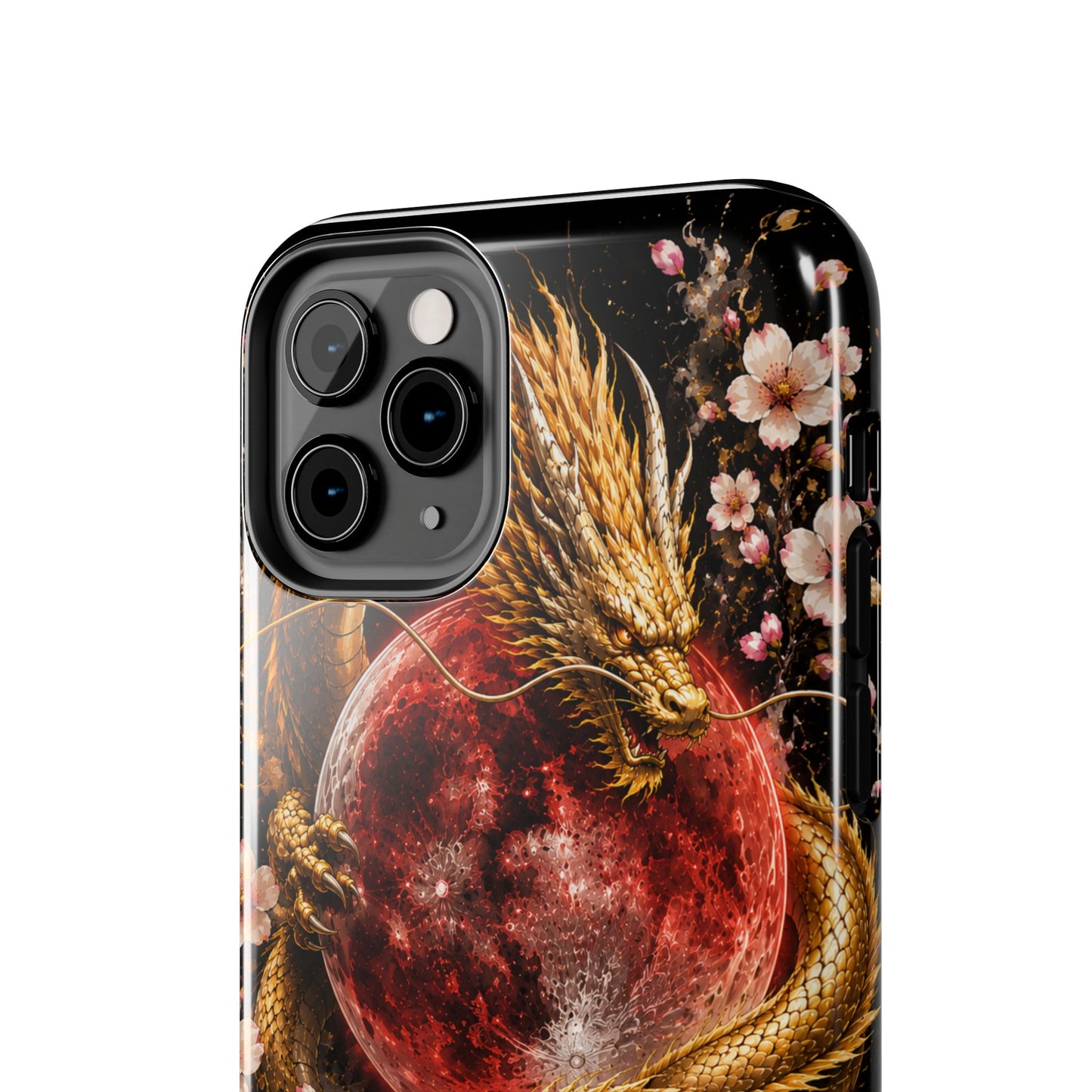 Golden Dragon Moon Tough Phone Case — Cherry Blossoms & Red Moon Protective Cover
