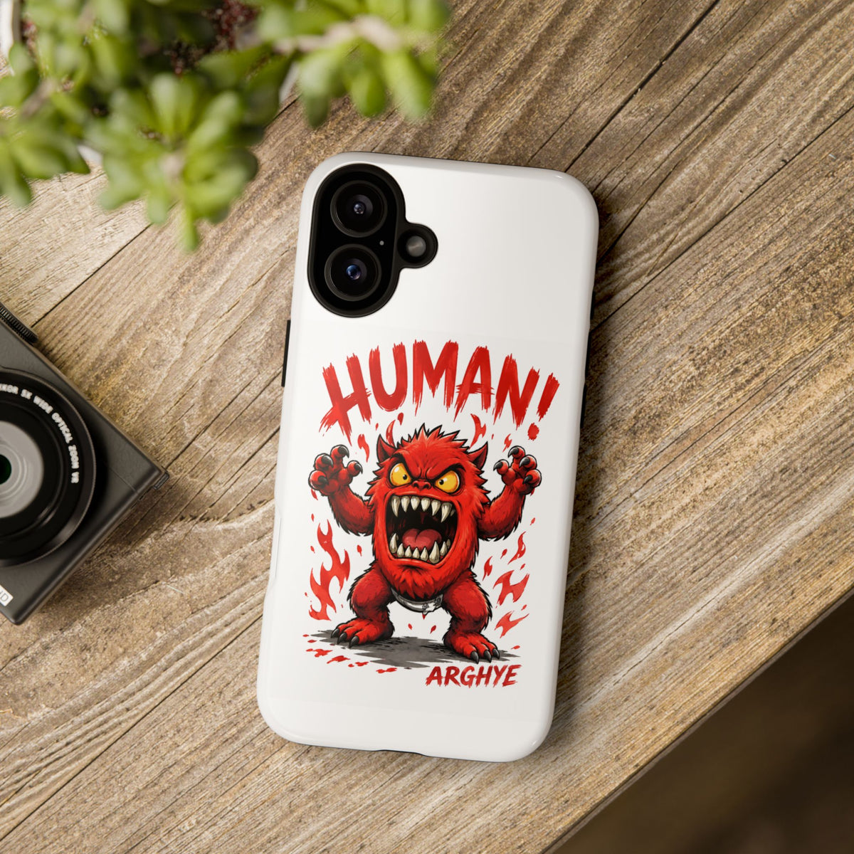 Angry Monster "HUMAN!" Phone Case — Cute Fiery Creature iPhone Cover