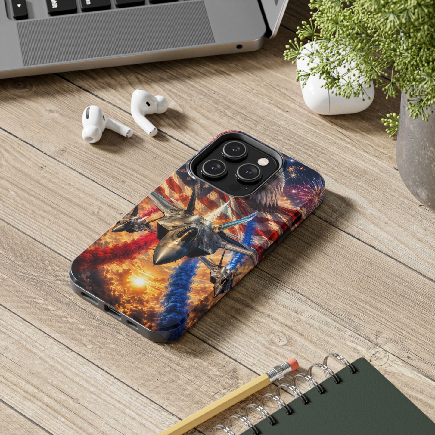 Patriotic Fighter Jet Phone Case with Eagle, American Flag & Fireworks Design