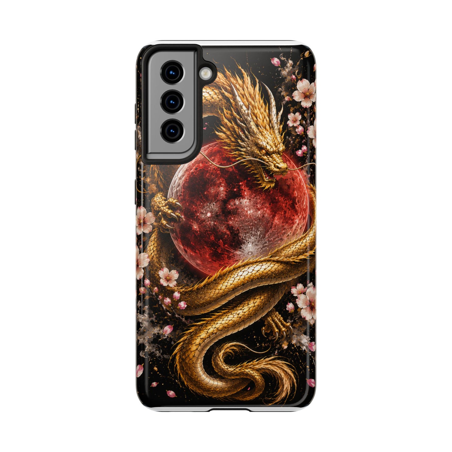 Golden Dragon Moon Tough Phone Case — Cherry Blossoms & Red Moon Protective Cover
