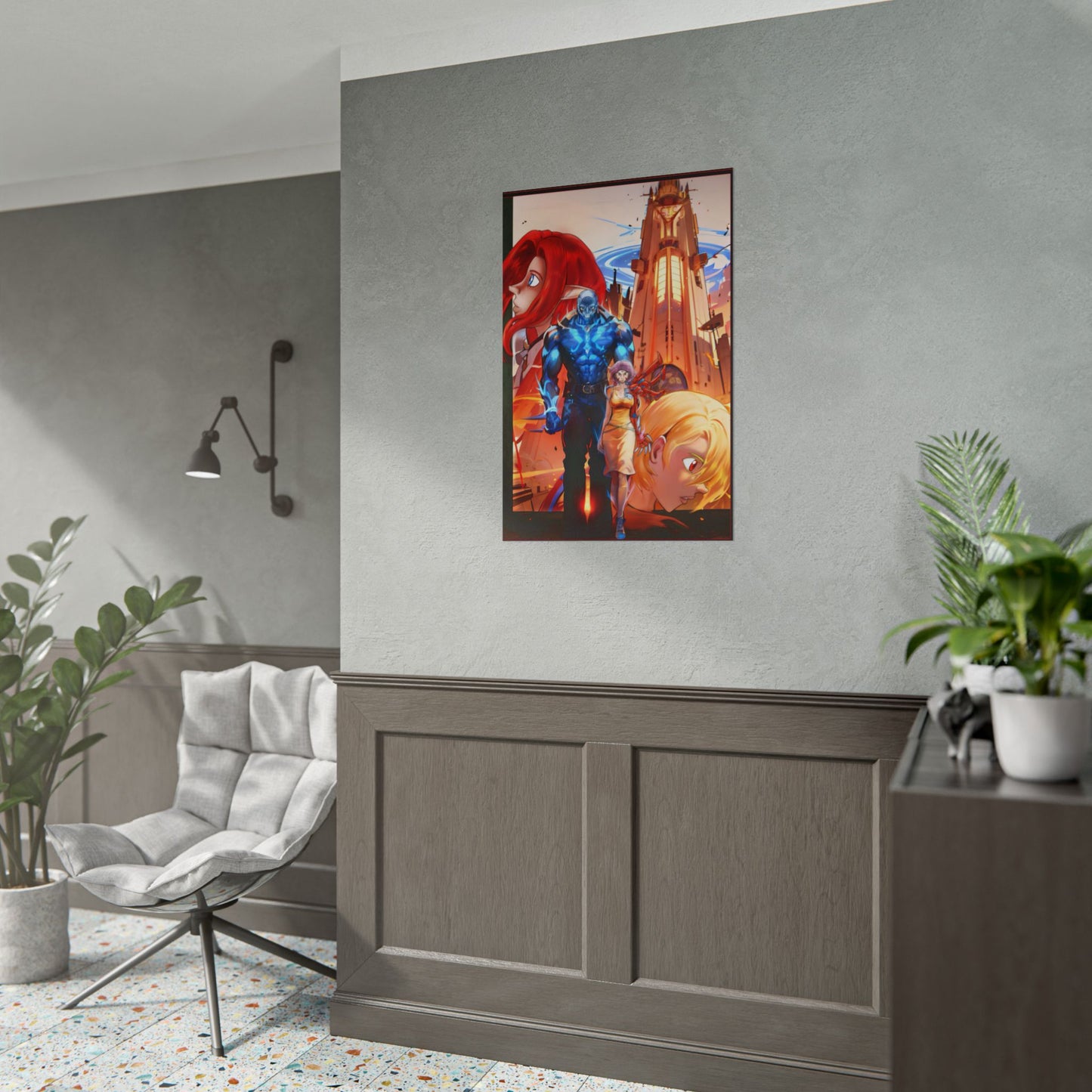 Anime Sci‑Fi Poster — Heroic Crew Tower Art Print (Rolled)