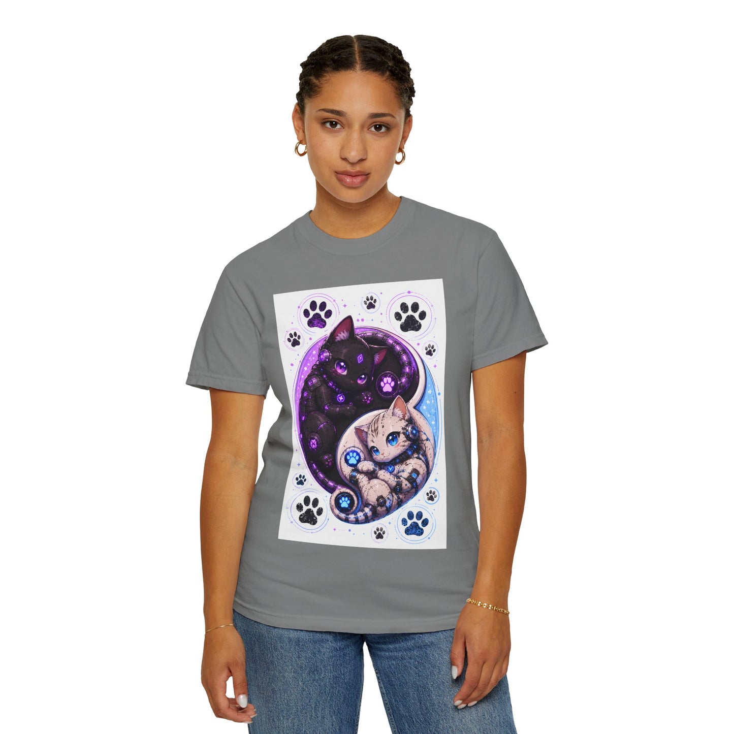 Yin Yang Cat T-Shirt — Cosmic Black & White Kittens Paw Print Tee