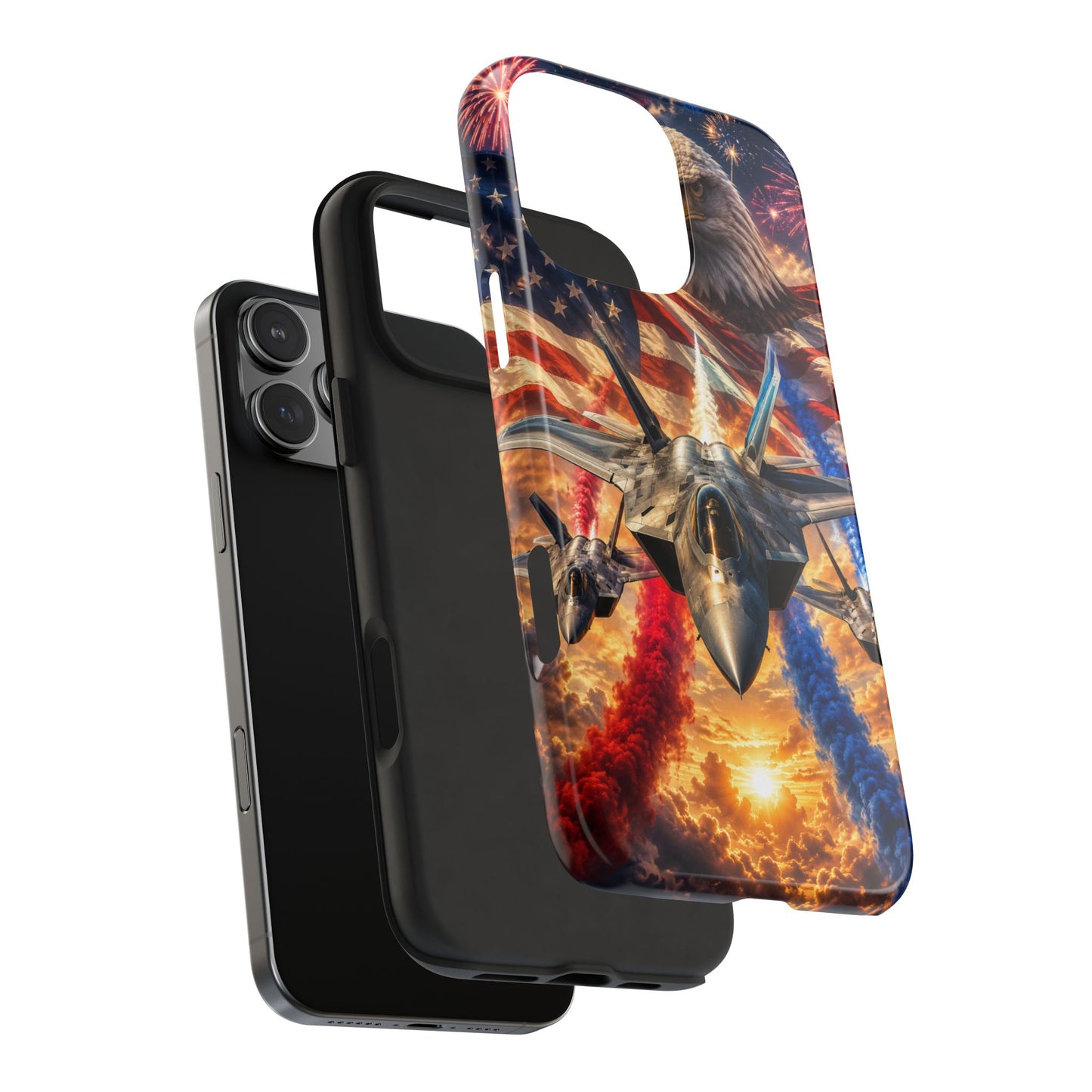 Patriotic Fighter Jet Phone Case with Eagle, American Flag & Fireworks Design
