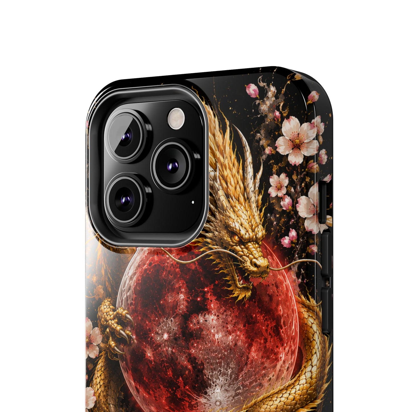 Golden Dragon Moon Tough Phone Case — Cherry Blossoms & Red Moon Protective Cover