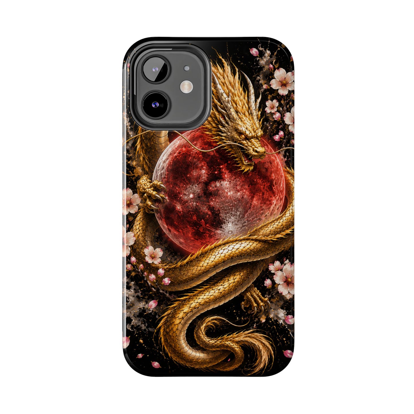 Golden Dragon Moon Tough Phone Case — Cherry Blossoms & Red Moon Protective Cover