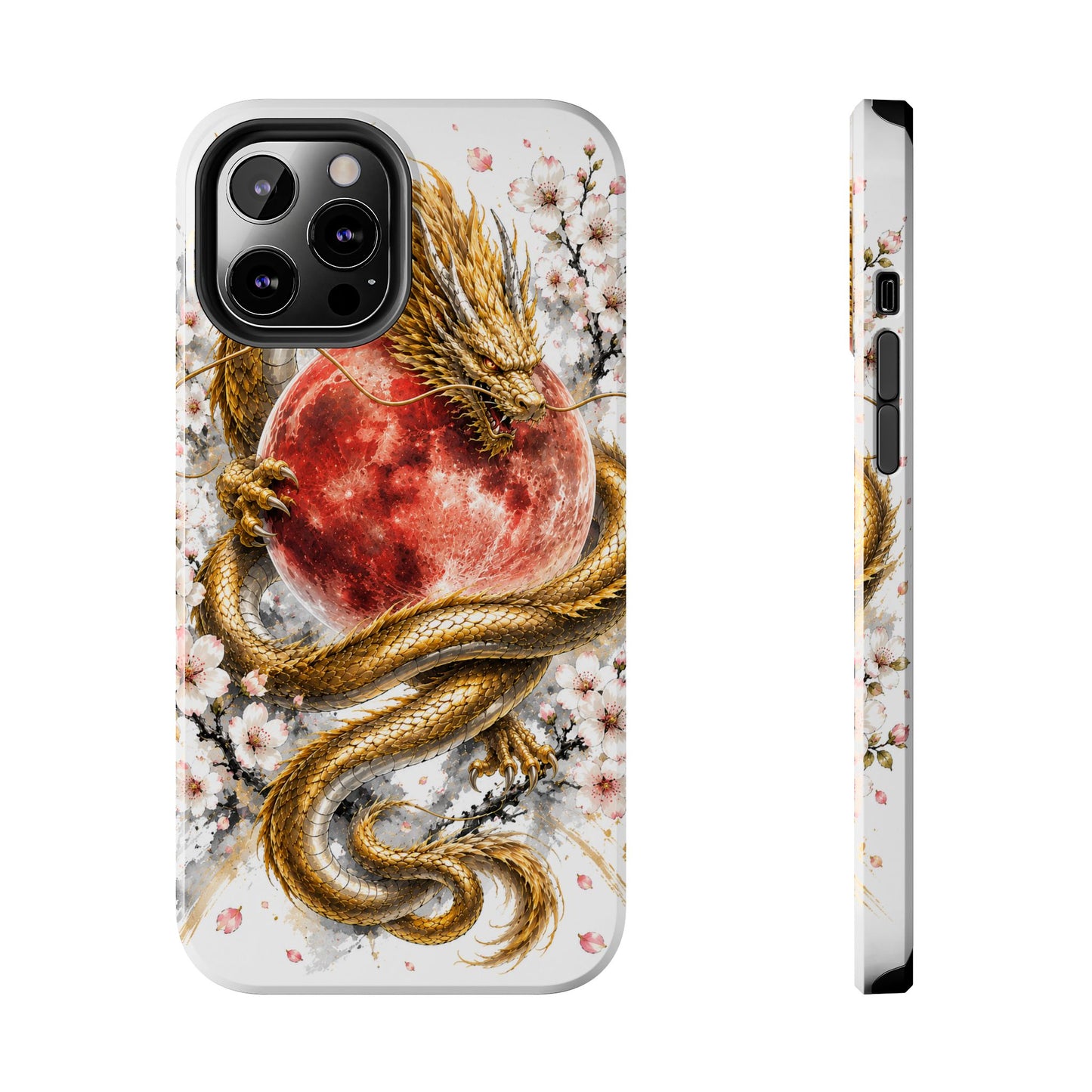 Golden Dragon Phone Case — Red Moon & Cherry Blossom Tough Phone Case