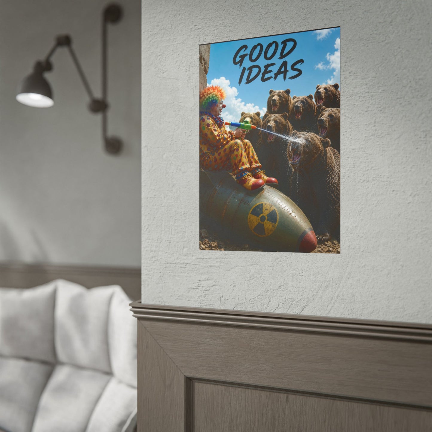 Rolled Poster - 'Good Ideas' Clown on Bomb with Bears Surreal Art Print
