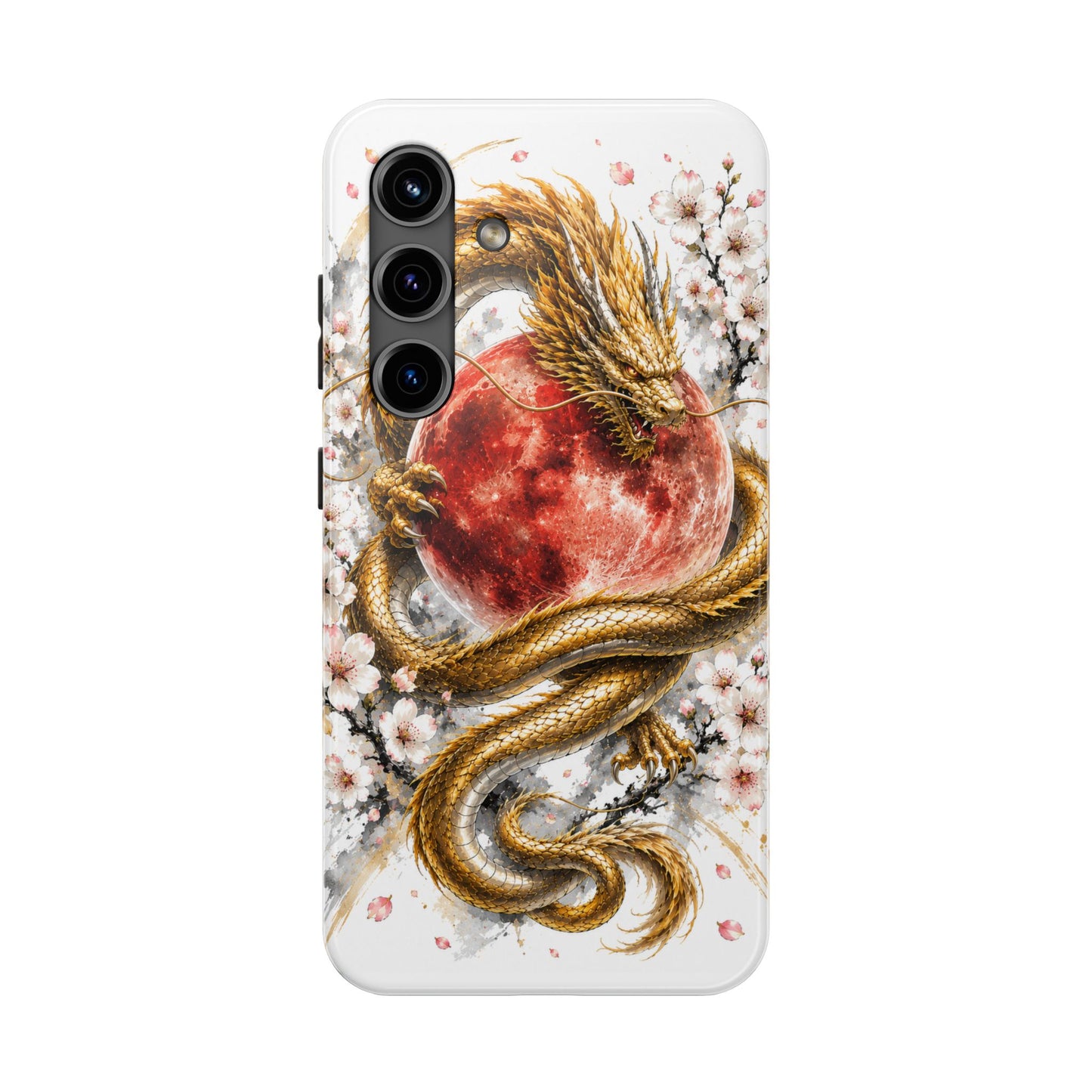 Golden Dragon Phone Case — Red Moon & Cherry Blossom Tough Phone Case