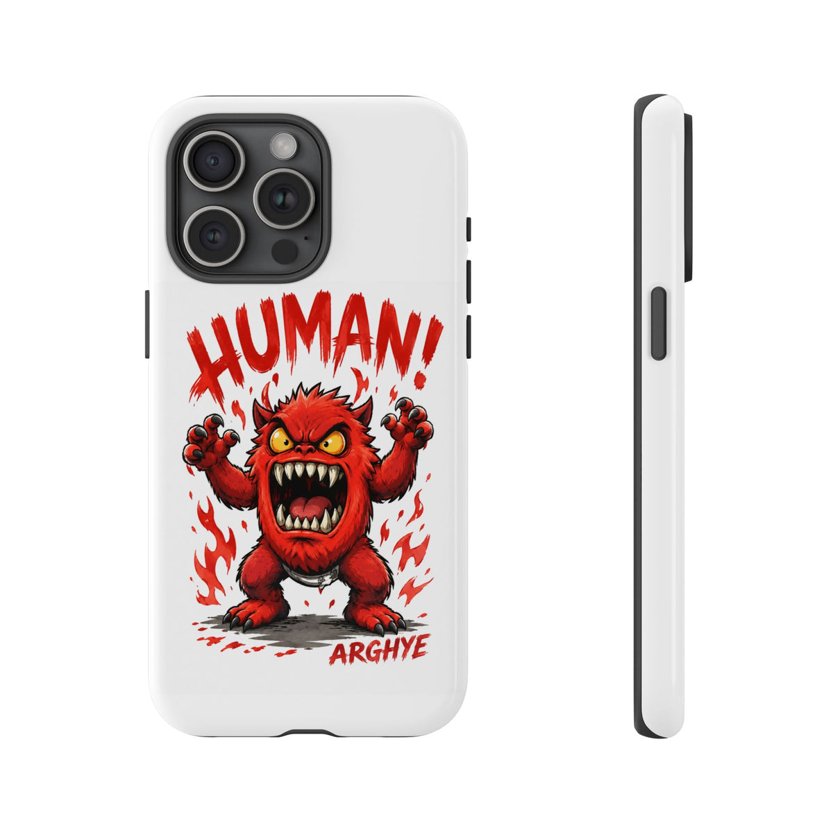 Angry Monster "HUMAN!" Phone Case — Cute Fiery Creature iPhone Cover