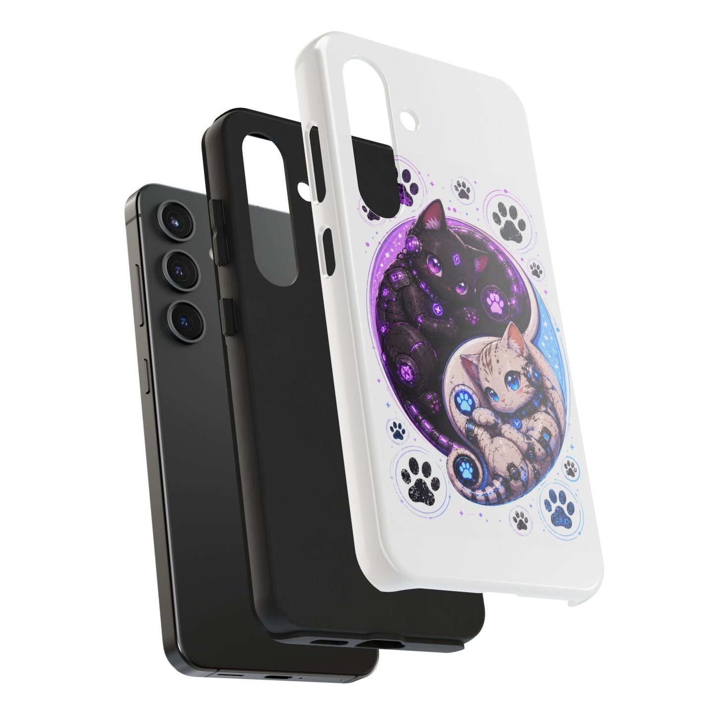 Cat Yin Yang Tough Phone Case — Black & White Kittens, Paw Print Protective Cover