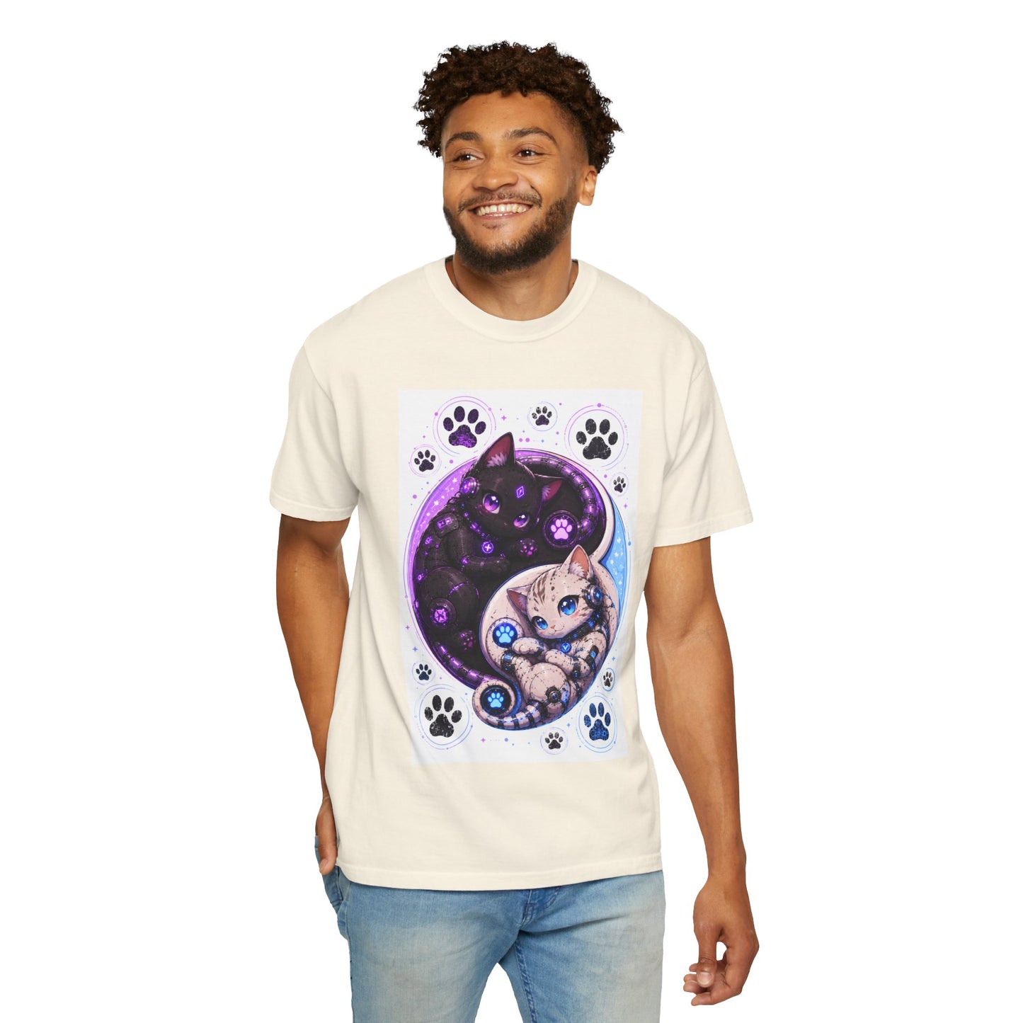 Yin Yang Cat T-Shirt — Cosmic Black & White Kittens Paw Print Tee