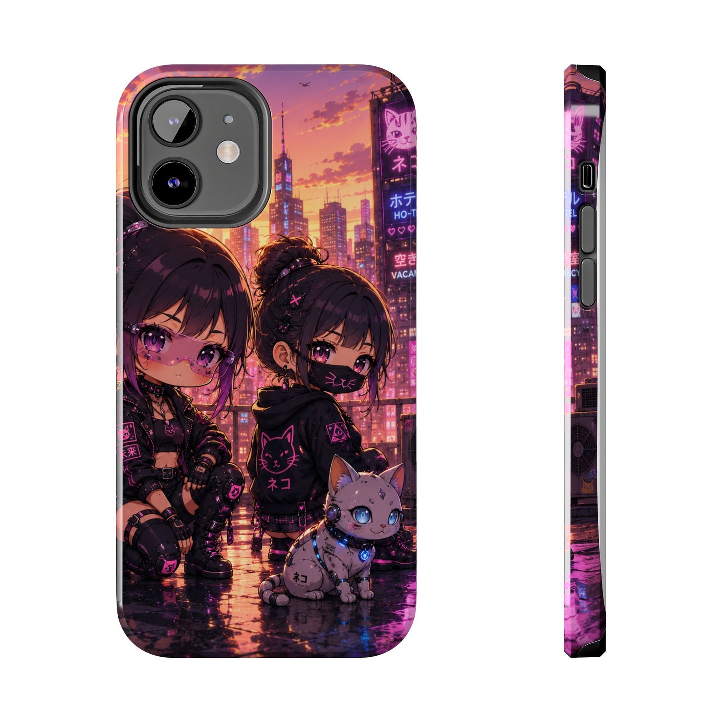 Anime City Night Tough Phone Case — Kawaii Cyberpunk Characters & Cat