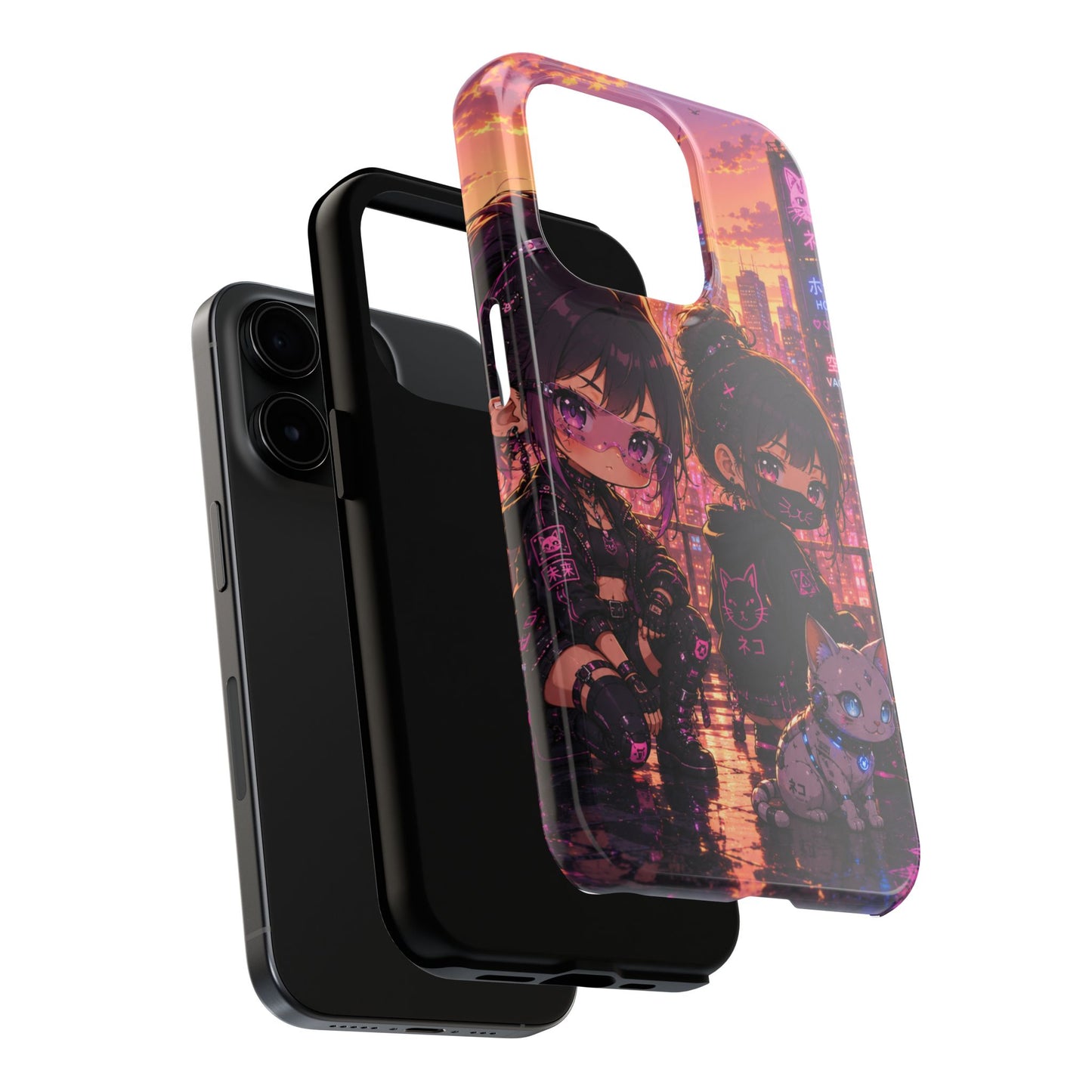 Anime City Night Tough Phone Case — Kawaii Cyberpunk Characters & Cat
