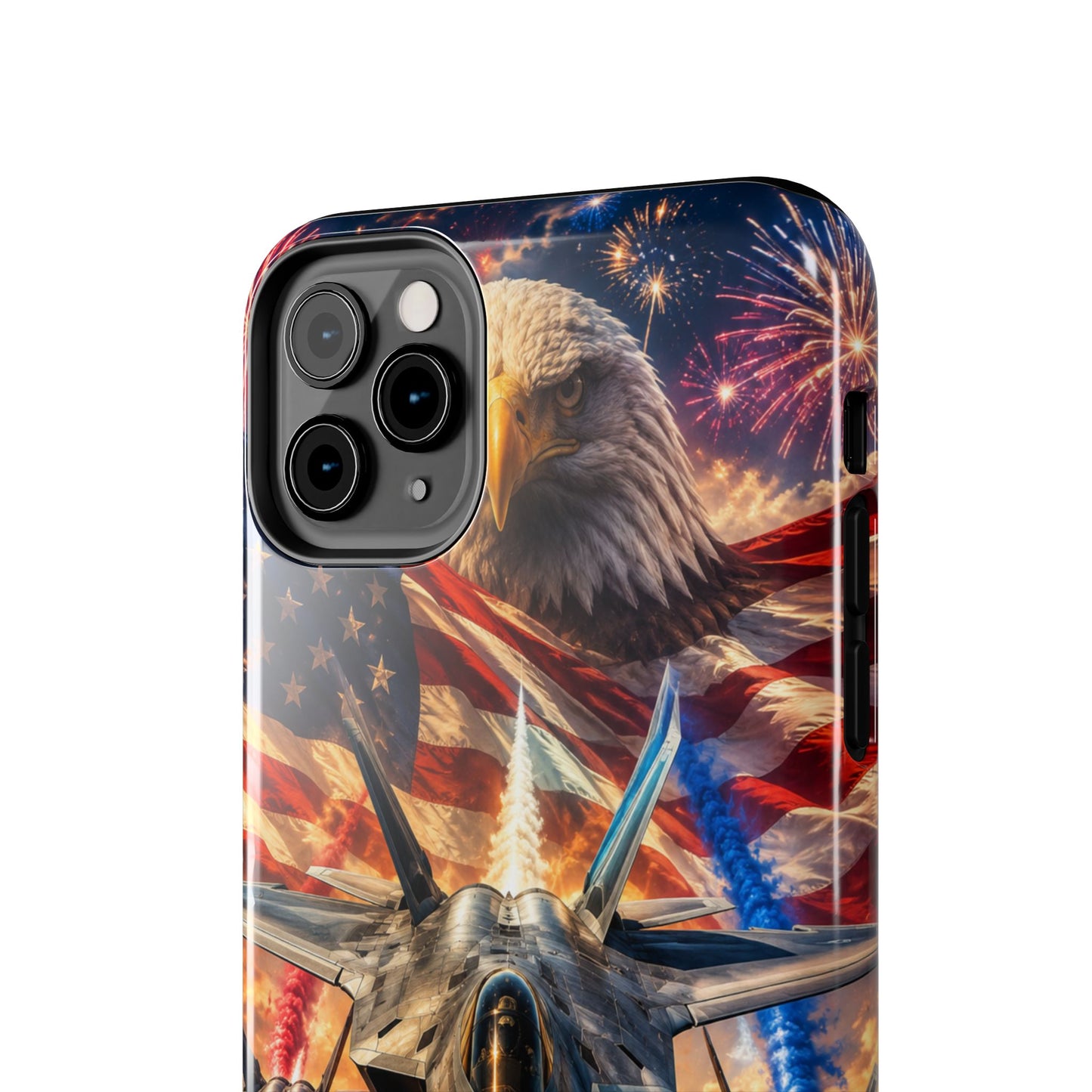 Patriotic Fighter Jet Phone Case with Eagle, American Flag & Fireworks Design