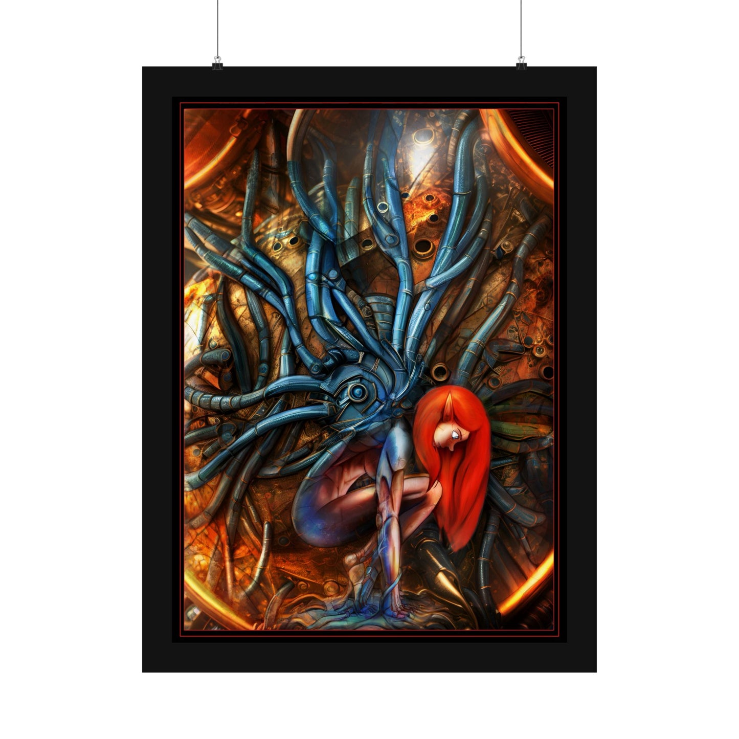 Sci‑Fi Surreal Poster — Red‑Haired Cyborg & Mechanical Kraken Matte Vertical Art