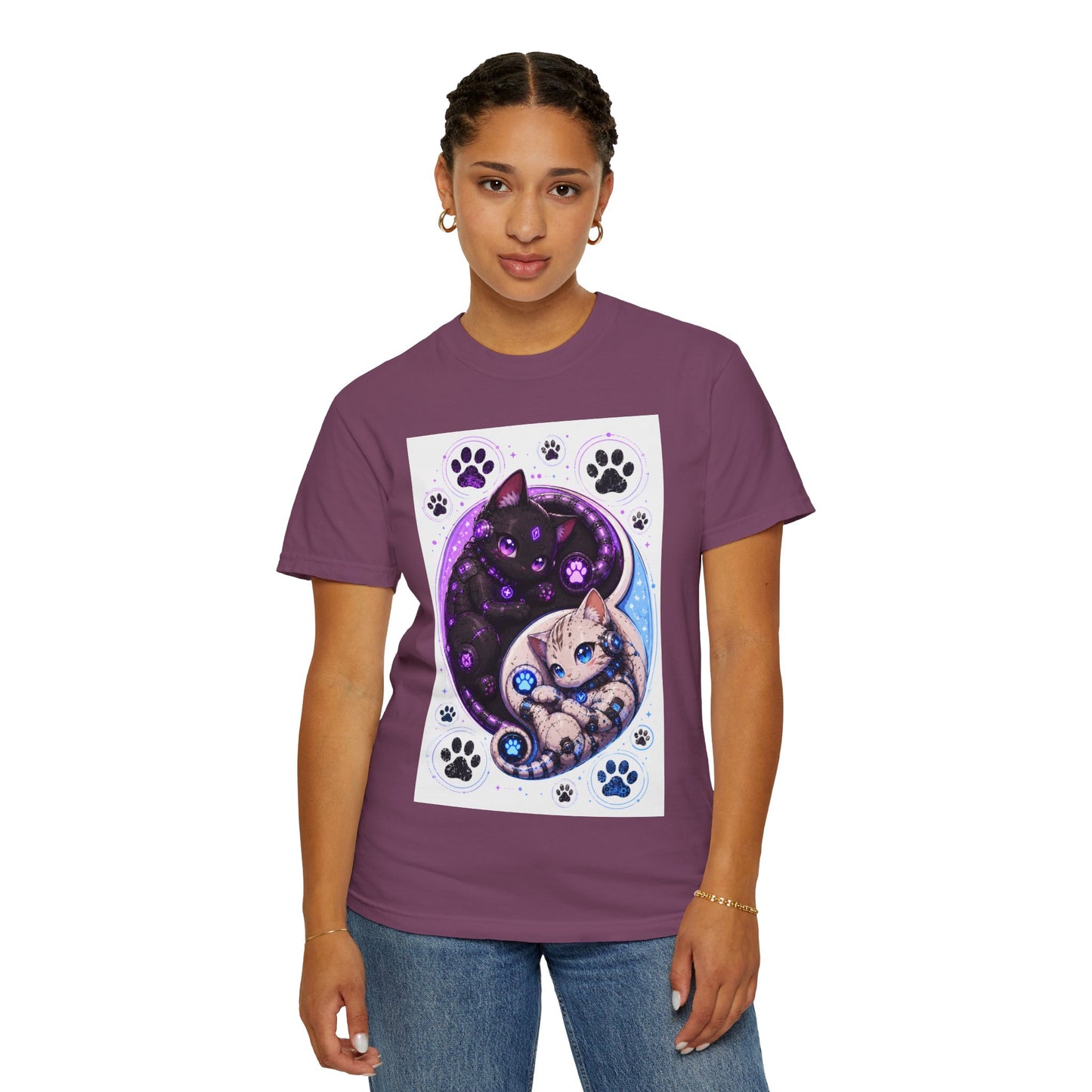 Yin Yang Cat T-Shirt — Cosmic Black & White Kittens Paw Print Tee
