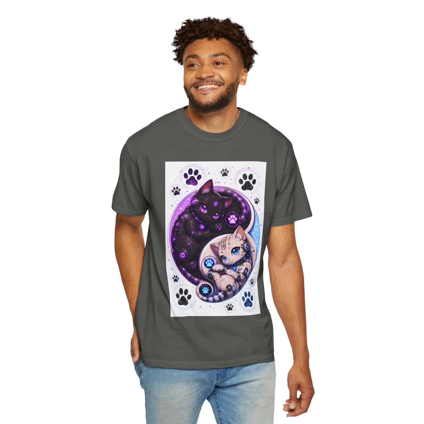 Yin Yang Cat T-Shirt — Cosmic Black & White Kittens Paw Print Tee