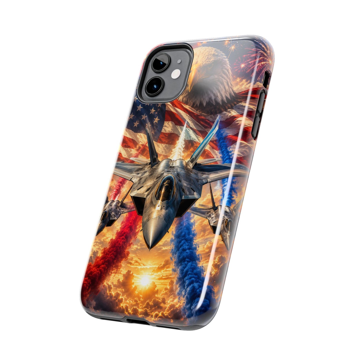 Patriotic Fighter Jet Phone Case with Eagle, American Flag & Fireworks Design