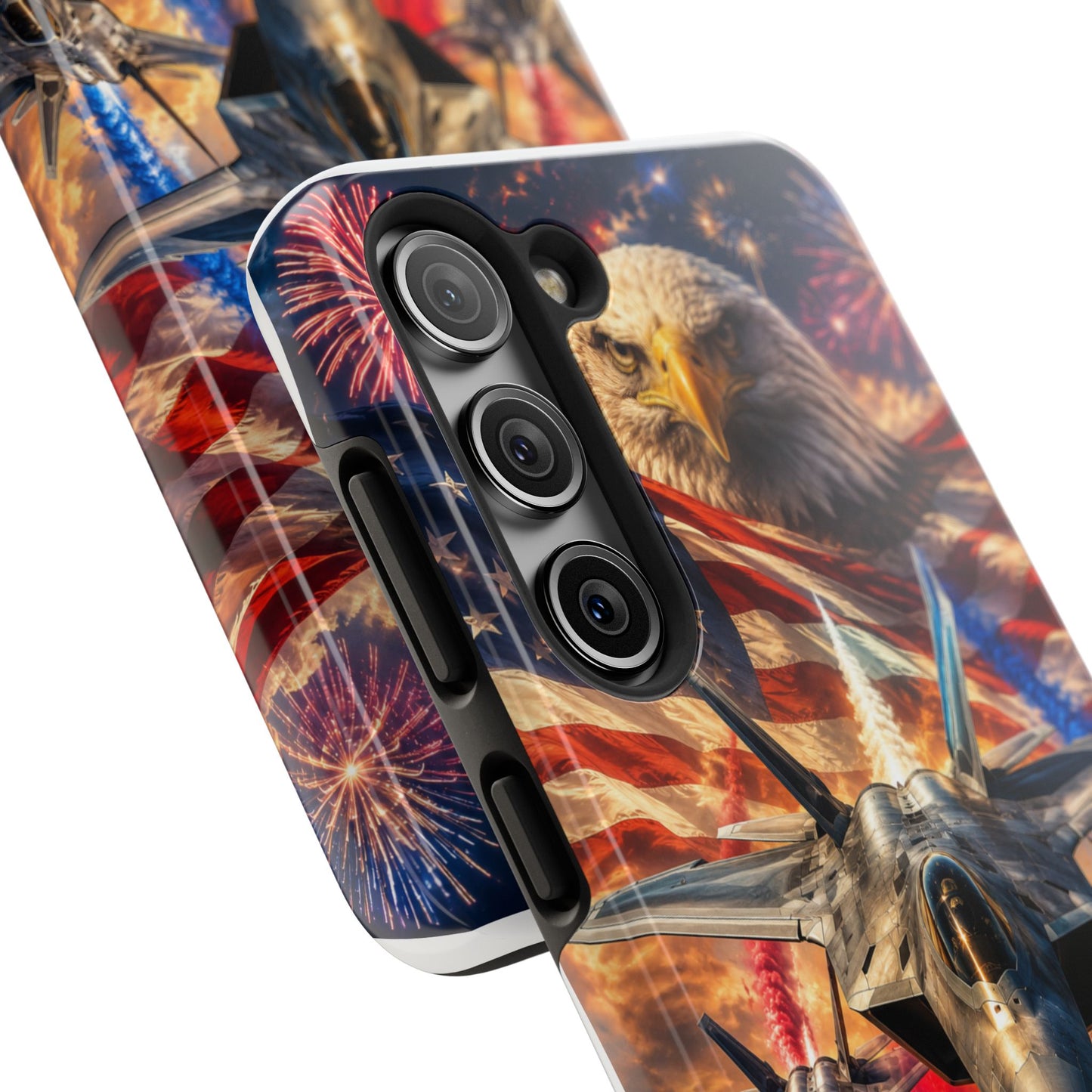 Patriotic Fighter Jet Phone Case with Eagle, American Flag & Fireworks Design