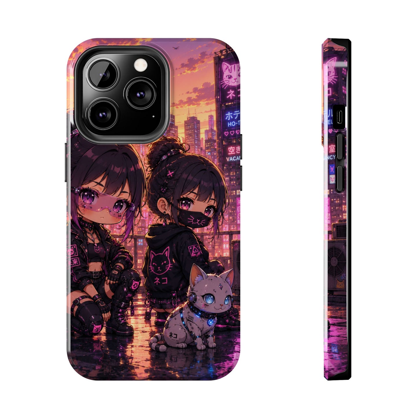 Anime City Night Tough Phone Case — Kawaii Cyberpunk Characters & Cat