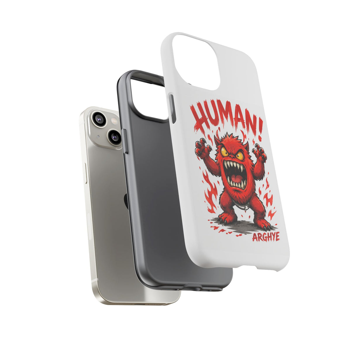 Angry Monster "HUMAN!" Phone Case — Cute Fiery Creature iPhone Cover
