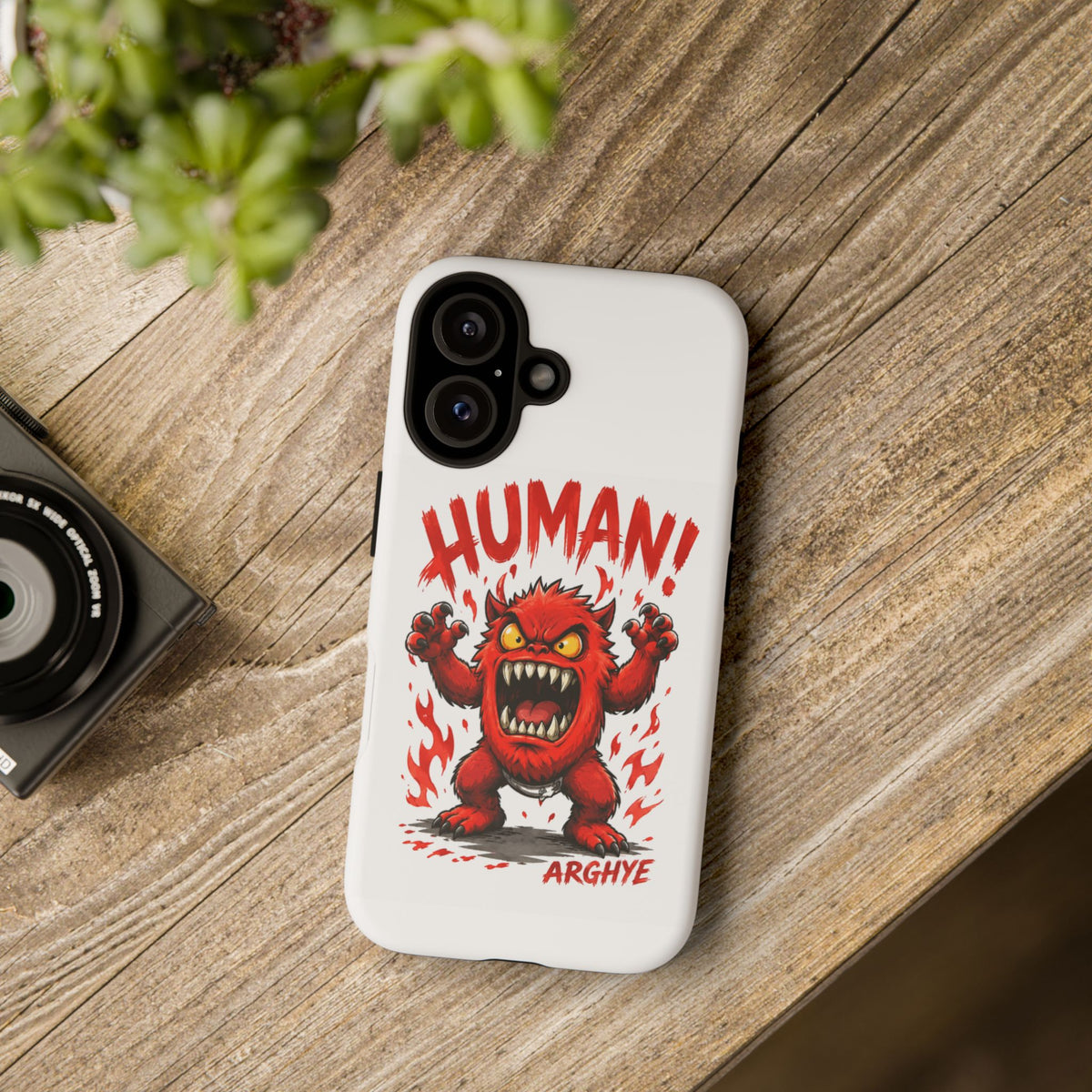 Angry Monster "HUMAN!" Phone Case — Cute Fiery Creature iPhone Cover