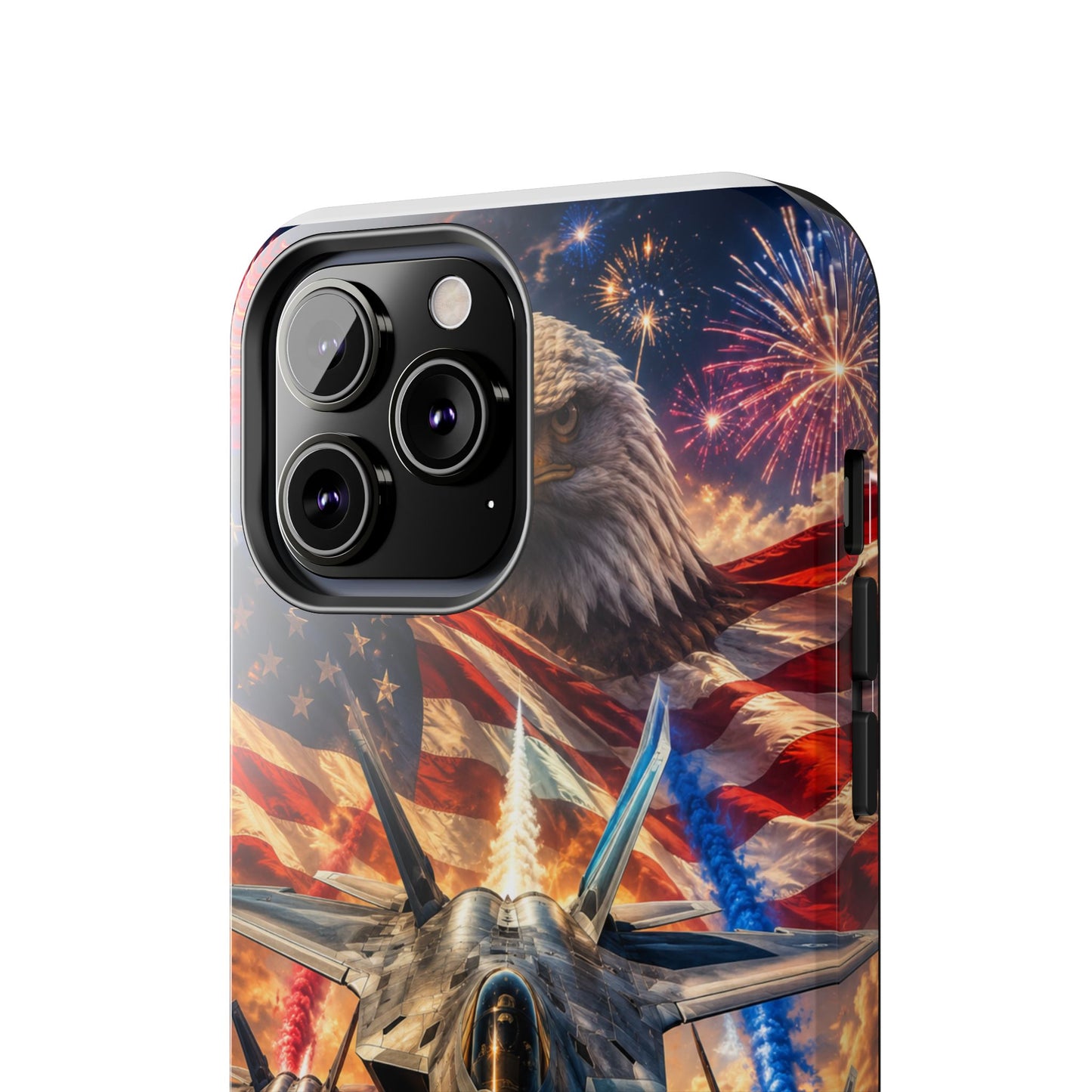 Patriotic Fighter Jet Phone Case with Eagle, American Flag & Fireworks Design