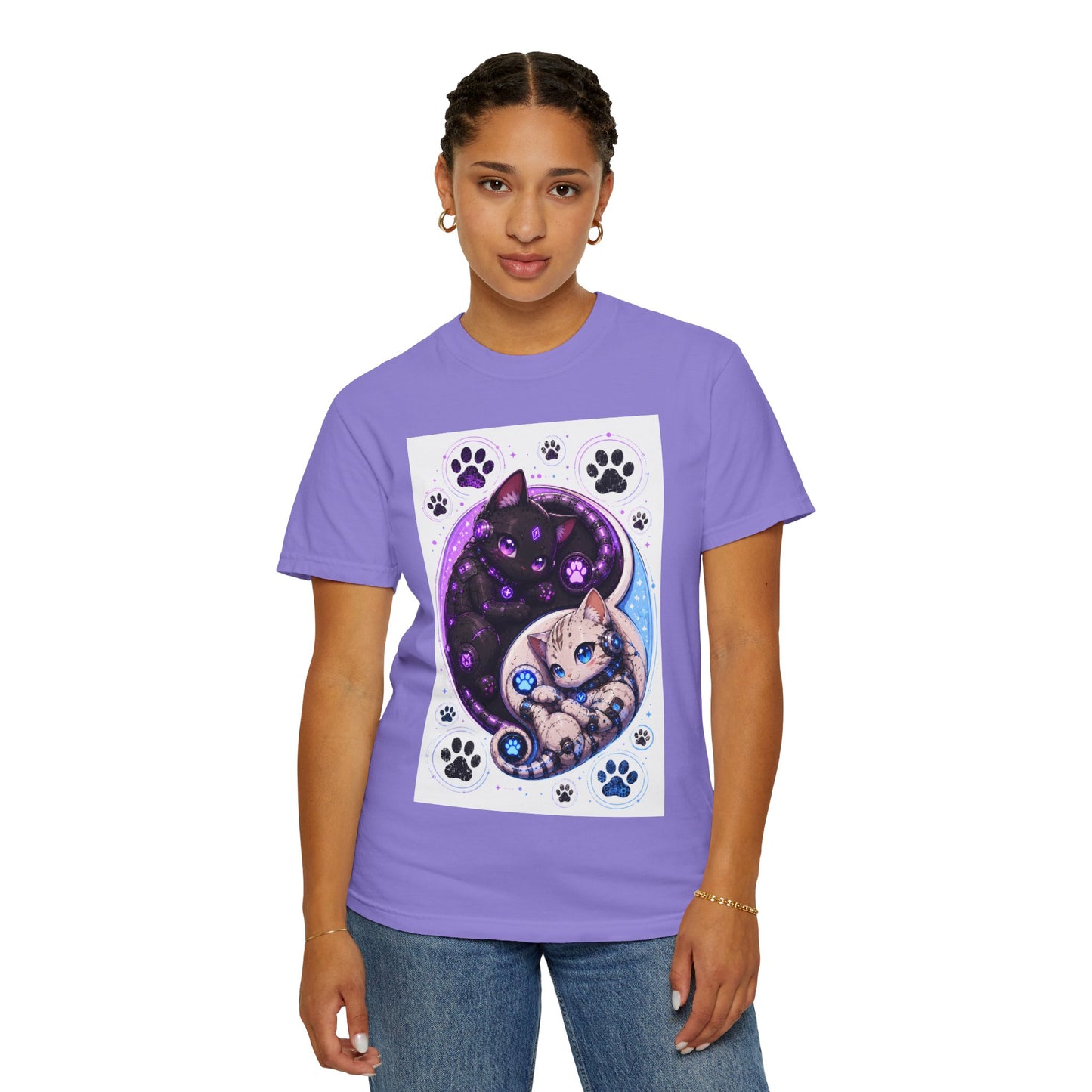 Yin Yang Cat T-Shirt — Cosmic Black & White Kittens Paw Print Tee