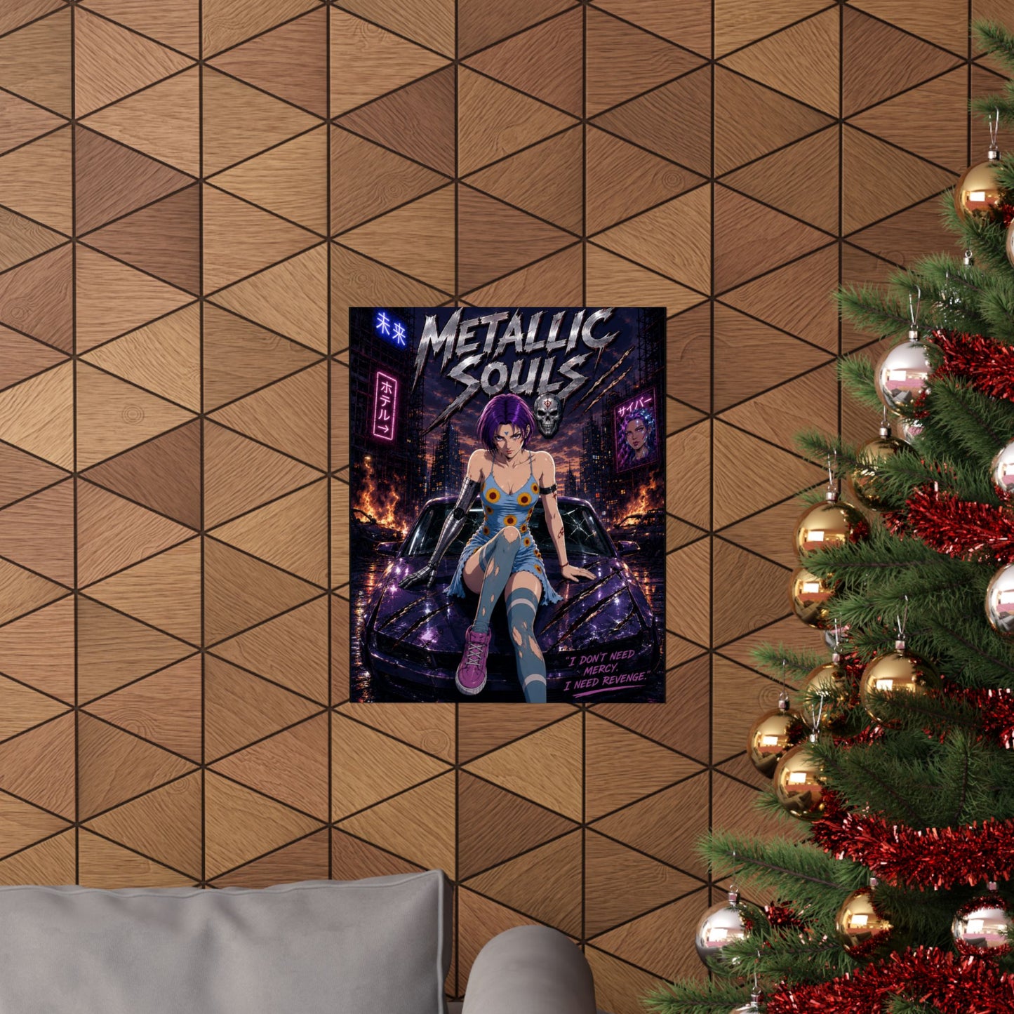 Metallic Souls Anime Poster — Cyberpunk Car Girl Matte Vertical Print