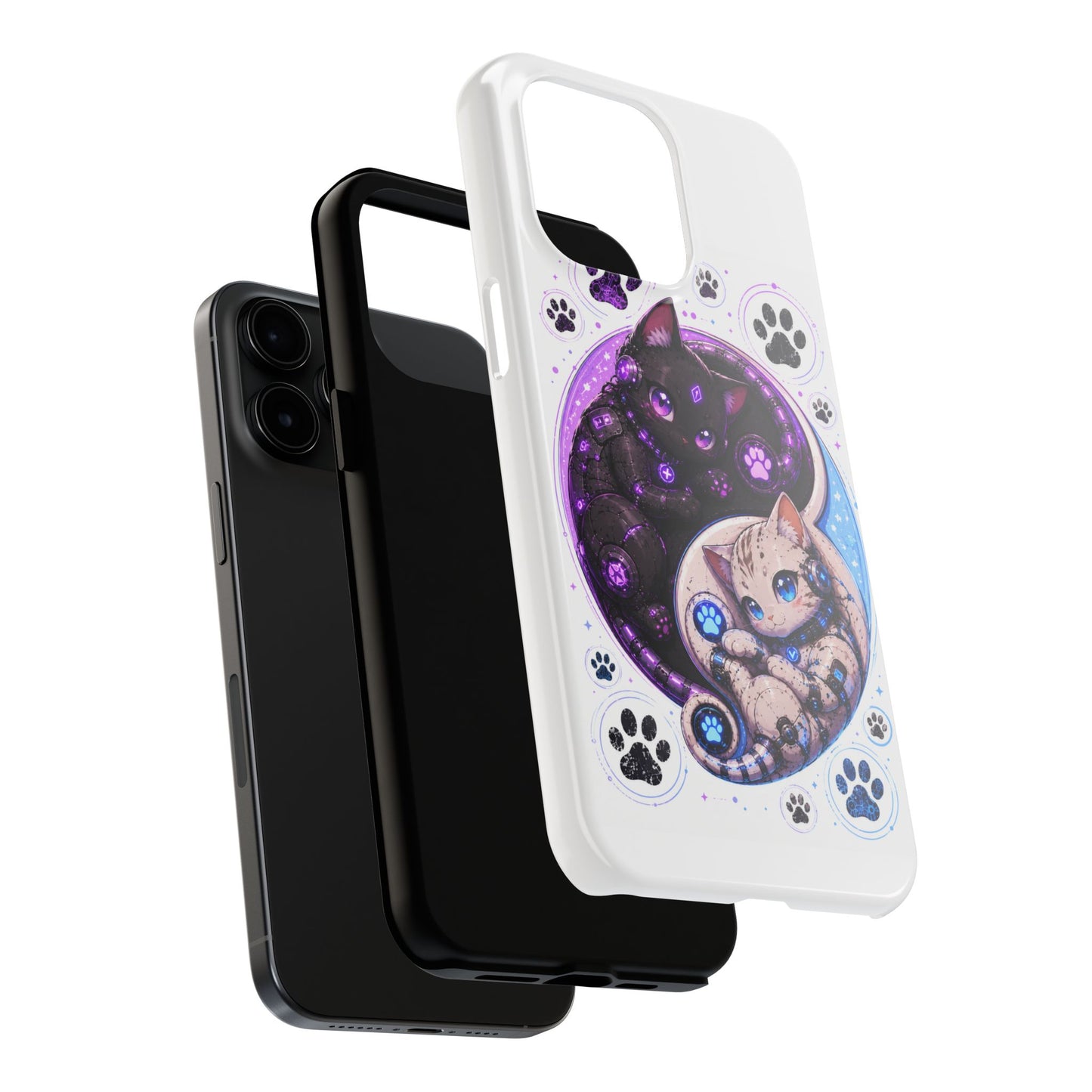 Cat Yin Yang Tough Phone Case — Black & White Kittens, Paw Print Protective Cover
