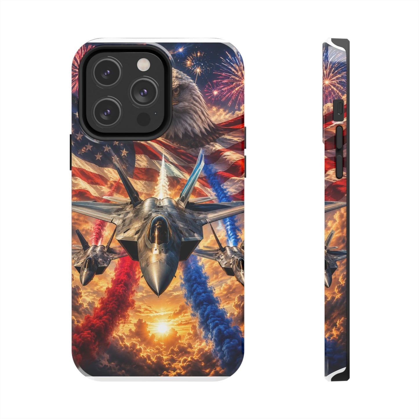 Patriotic Fighter Jet Phone Case with Eagle, American Flag & Fireworks Design