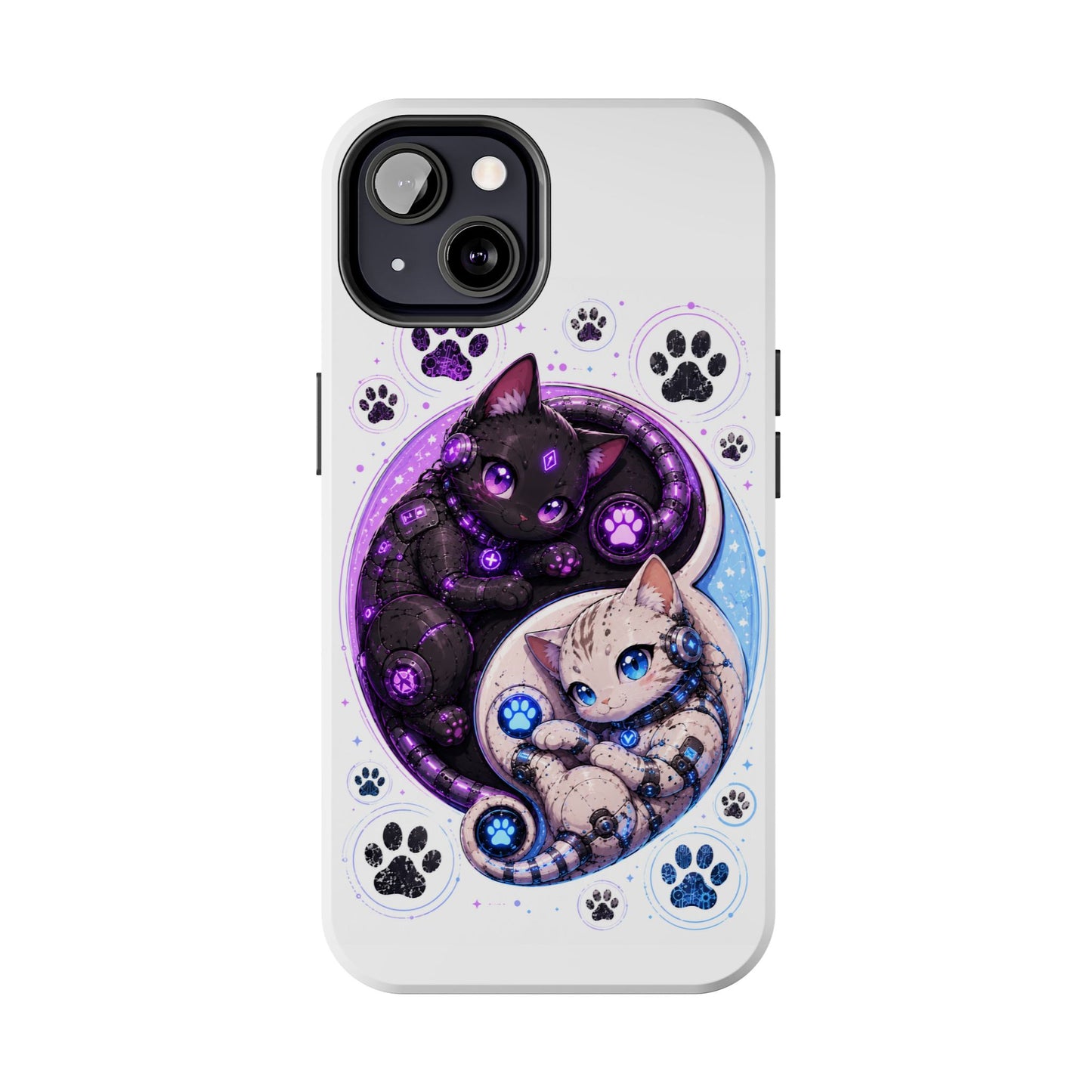 Cat Yin Yang Tough Phone Case — Black & White Kittens, Paw Print Protective Cover