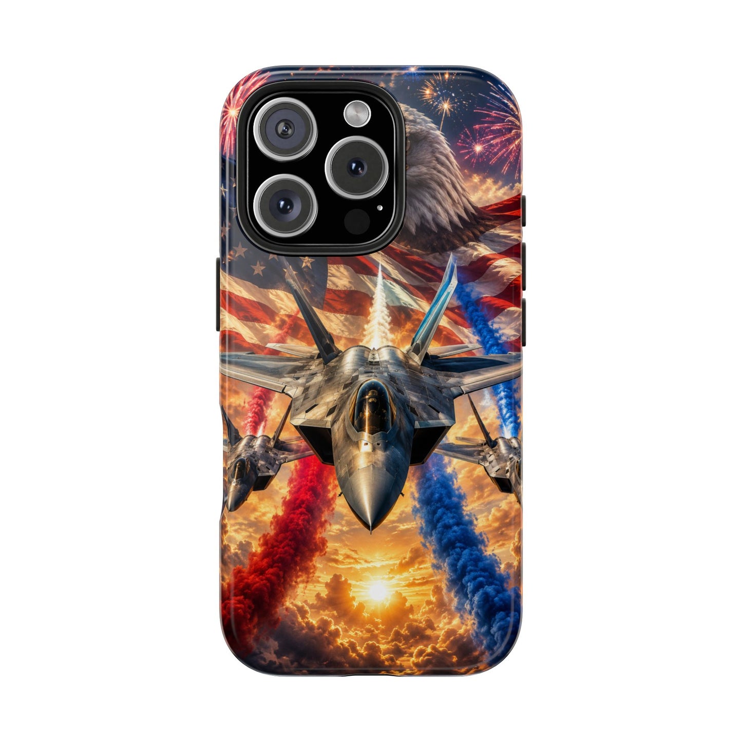 Patriotic Fighter Jet Phone Case with Eagle, American Flag & Fireworks Design
