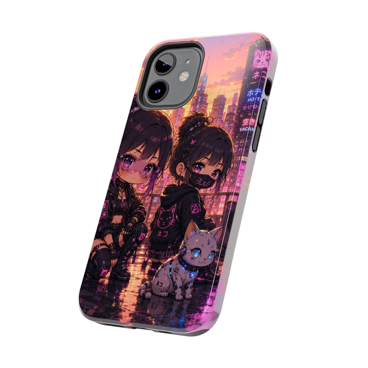 Anime City Night Tough Phone Case — Kawaii Cyberpunk Characters & Cat