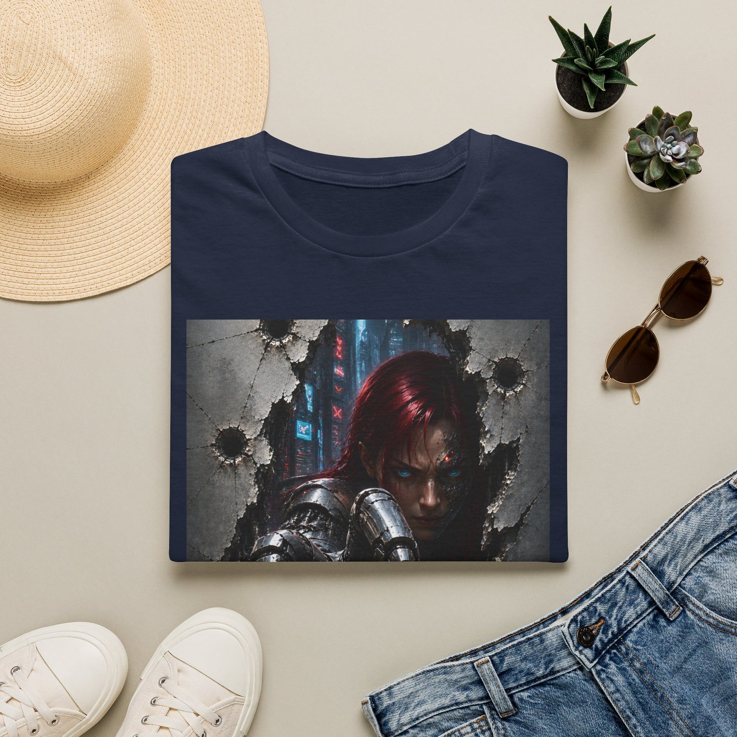 Cyberpunk Warrior Graphic T-Shirt — Red-Haired Brawler Design