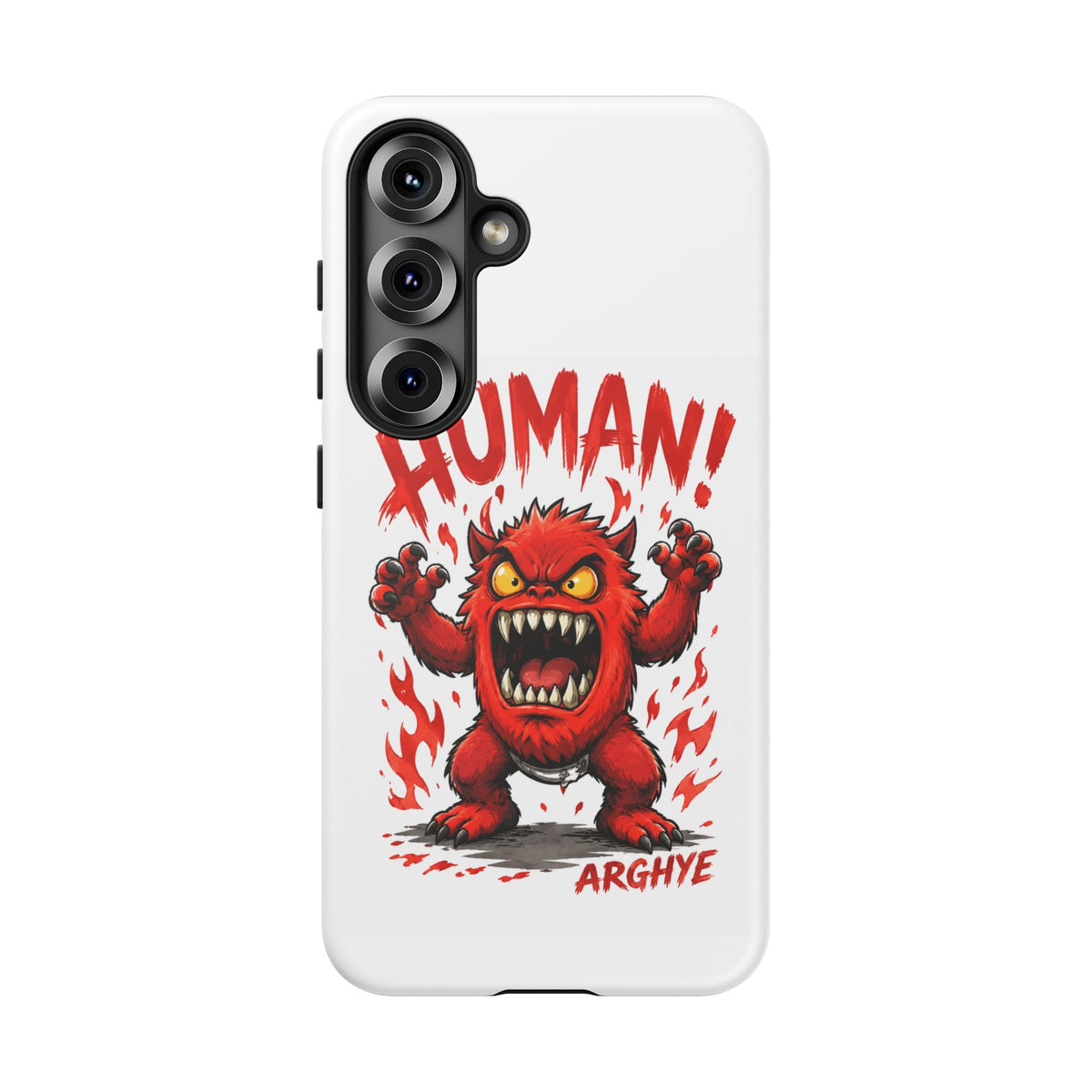 Angry Monster "HUMAN!" Phone Case — Cute Fiery Creature iPhone Cover