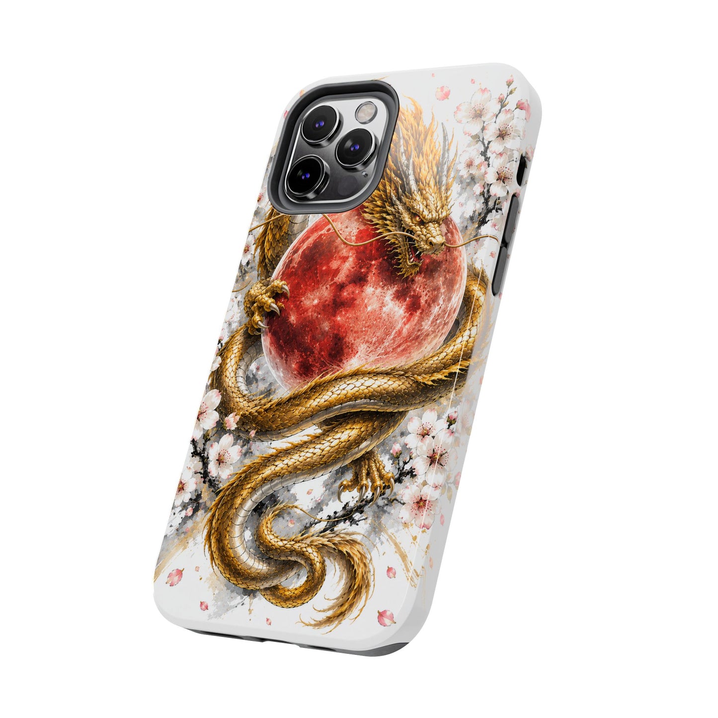 Golden Dragon Phone Case — Red Moon & Cherry Blossom Tough Phone Case