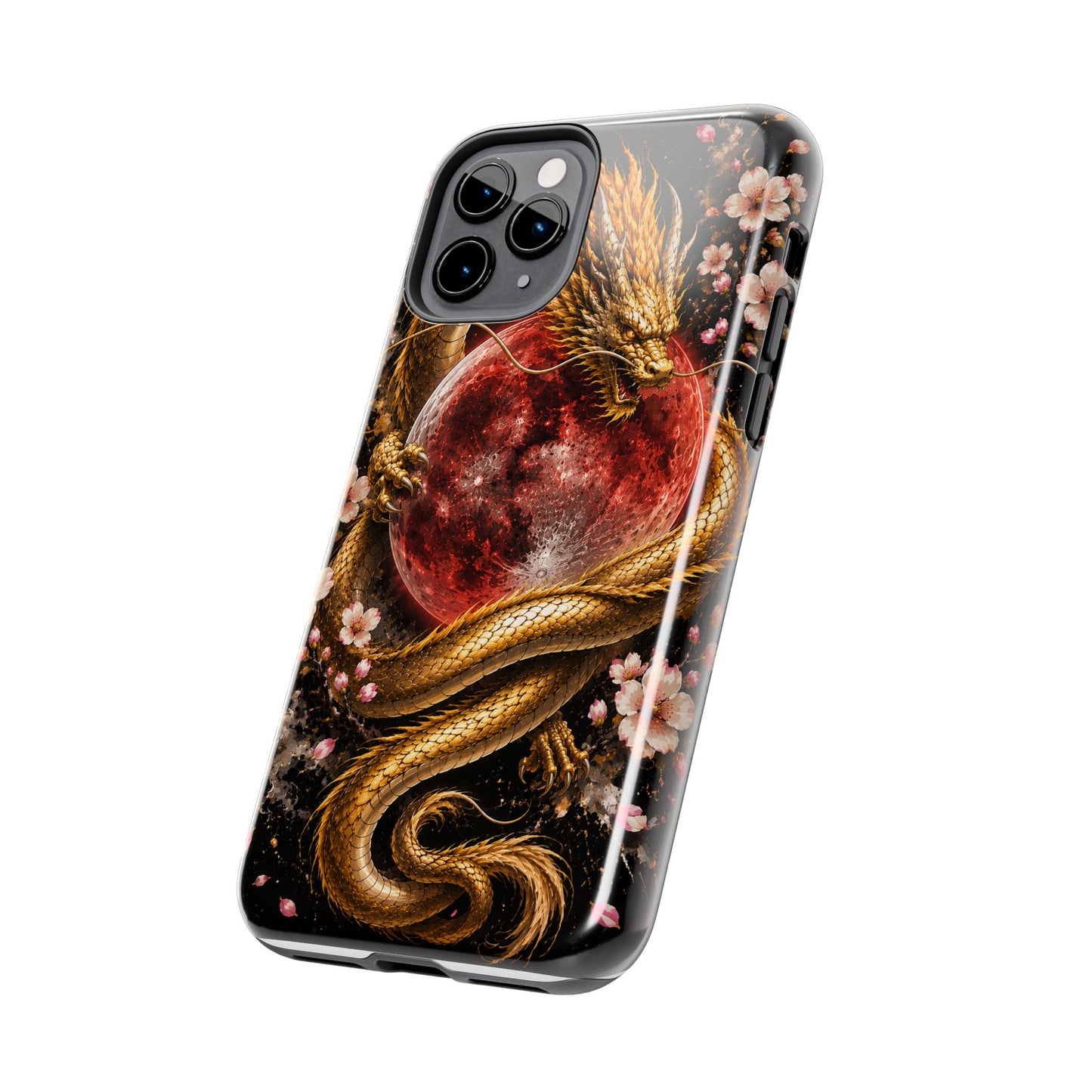 Golden Dragon Moon Tough Phone Case — Cherry Blossoms & Red Moon Protective Cover