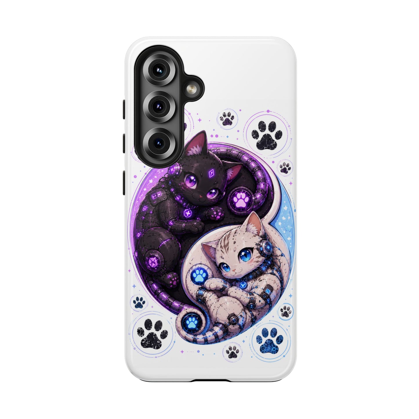 Cat Yin Yang Tough Phone Case — Black & White Kittens, Paw Print Protective Cover