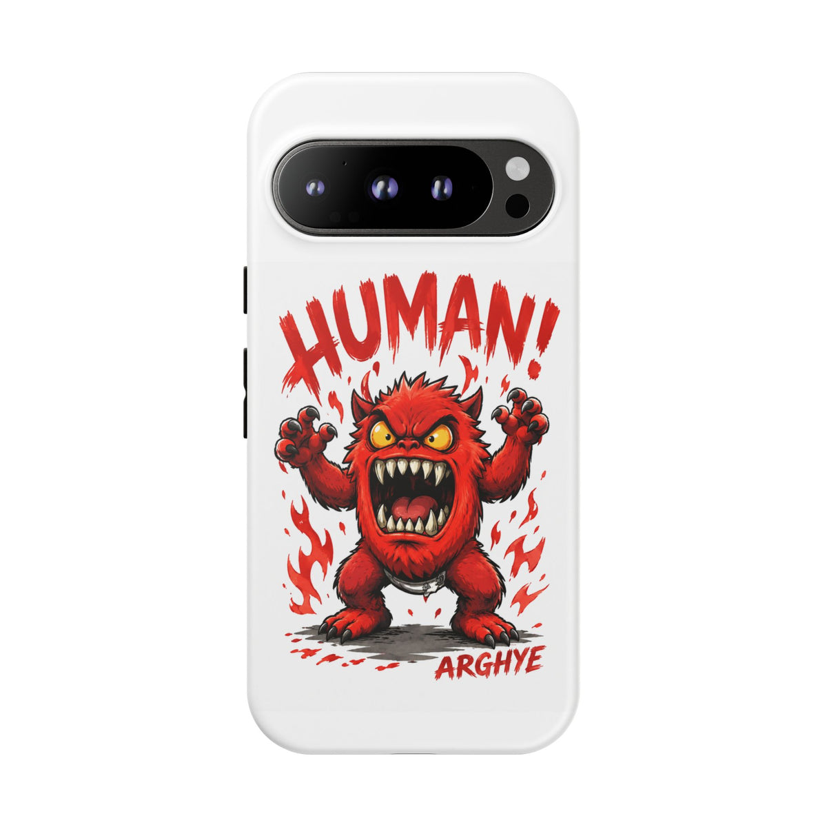 Angry Monster "HUMAN!" Phone Case — Cute Fiery Creature iPhone Cover