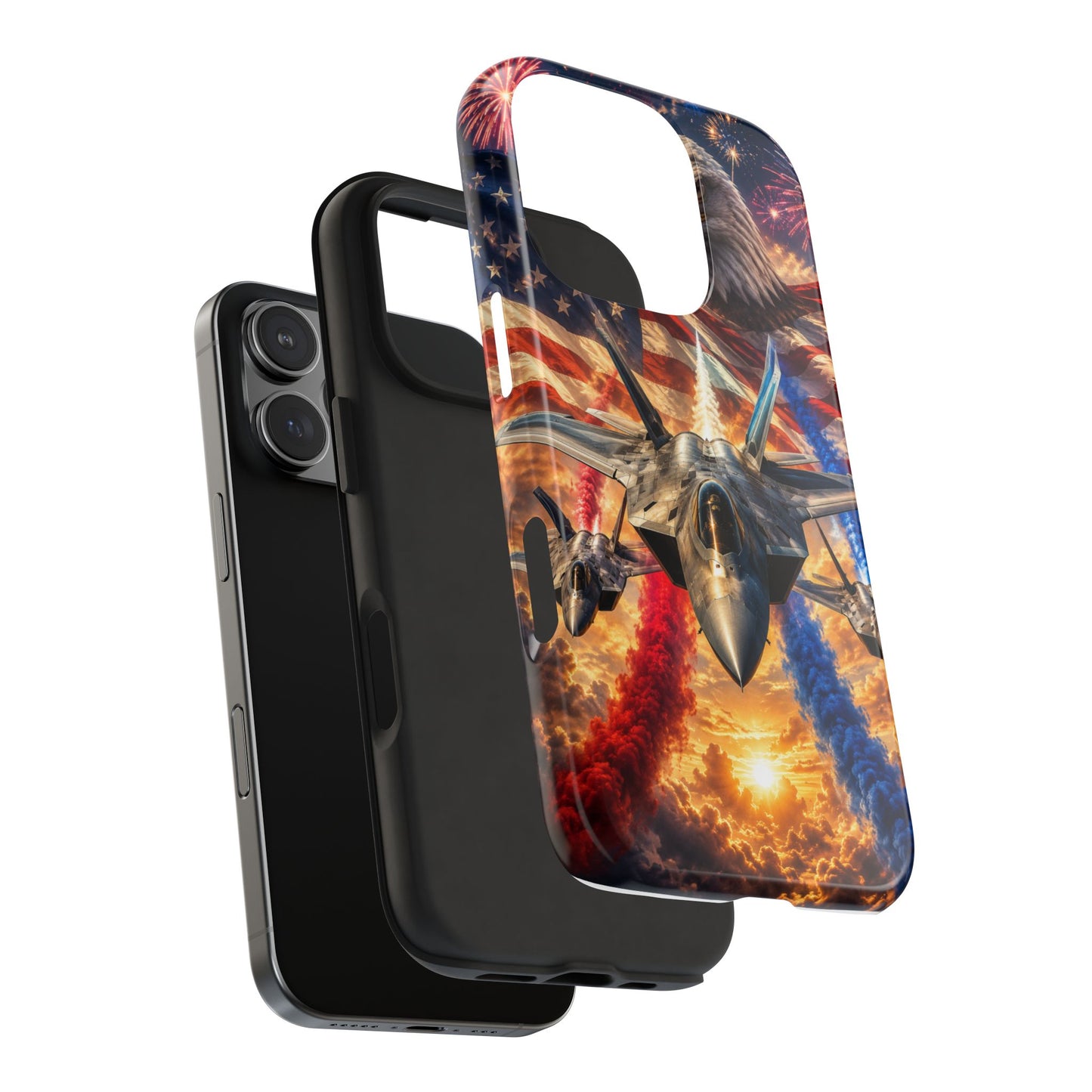 Patriotic Fighter Jet Phone Case with Eagle, American Flag & Fireworks Design