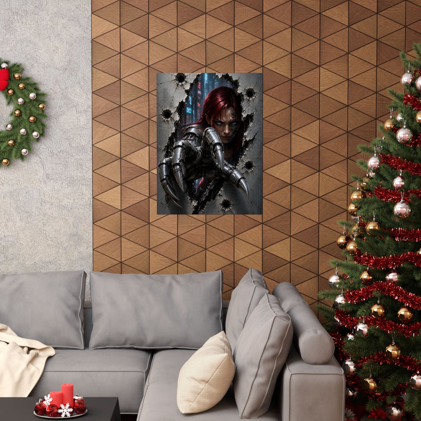 Cyberpunk Assassin Matte Poster — Red-Haired Cyborg Claw Wall Art