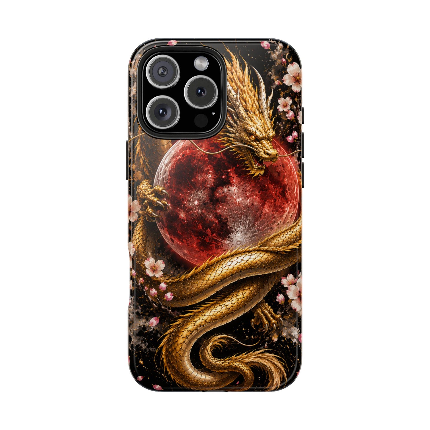 Golden Dragon Moon Tough Phone Case — Cherry Blossoms & Red Moon Protective Cover